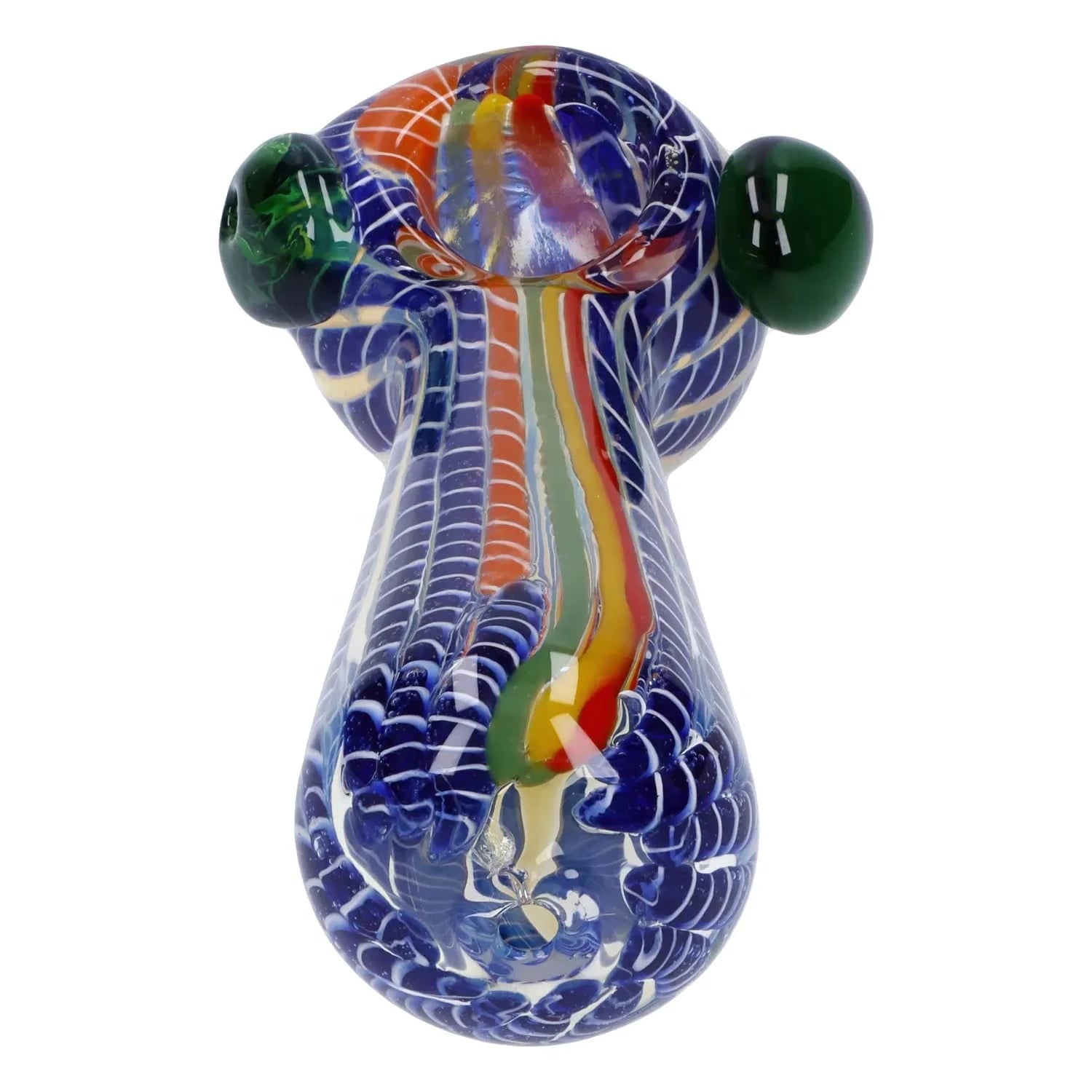 Close-up front view of the Twisted Fumed Pipe - 4.5 in showing its blue twisted cane pattern, central rainbow stripe, and green side knobs against a white background.