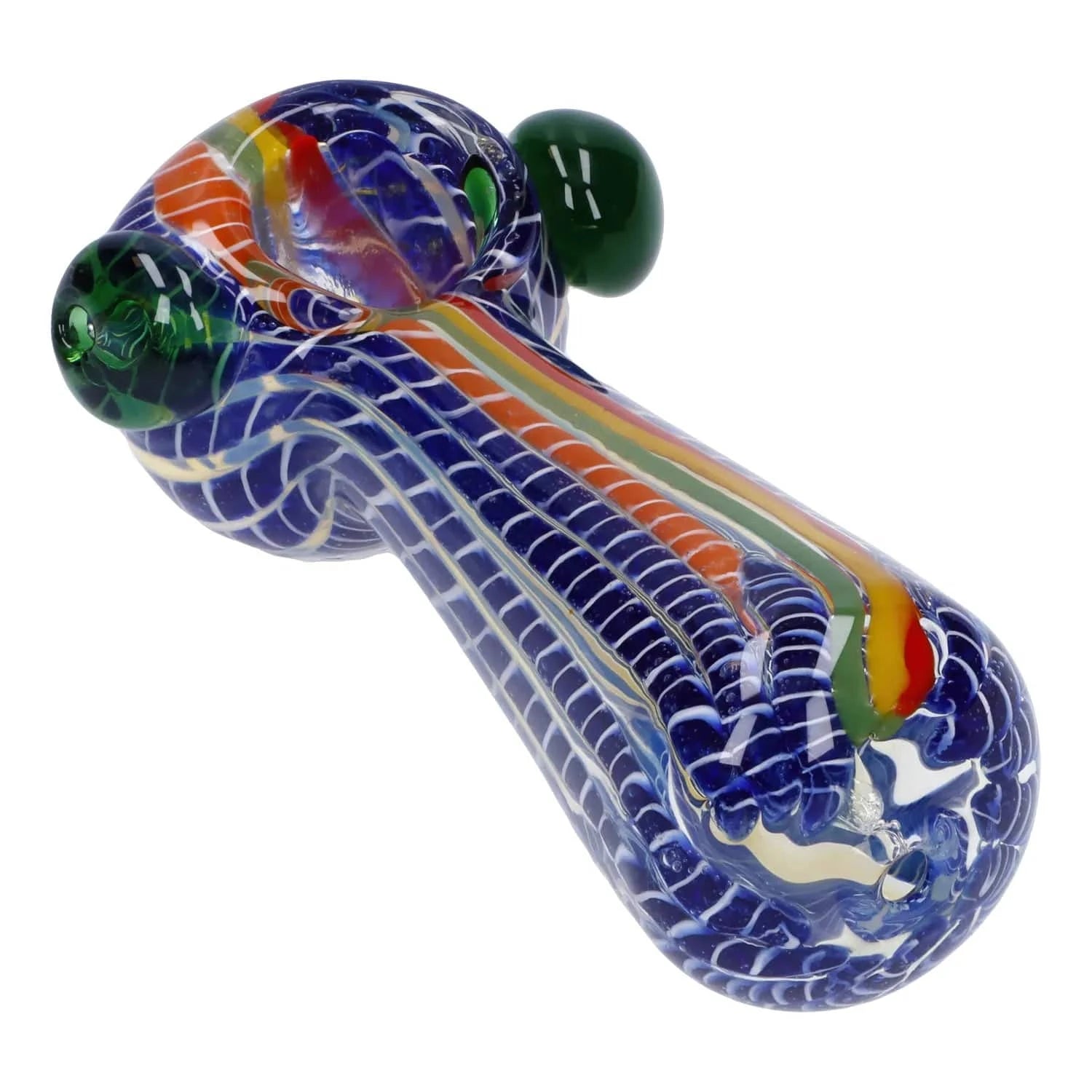 Angled close-up of the Twisted Fumed Pipe - 4.5 in showing its blue lattice glass with rainbow stripes and green glass knobs on a white background