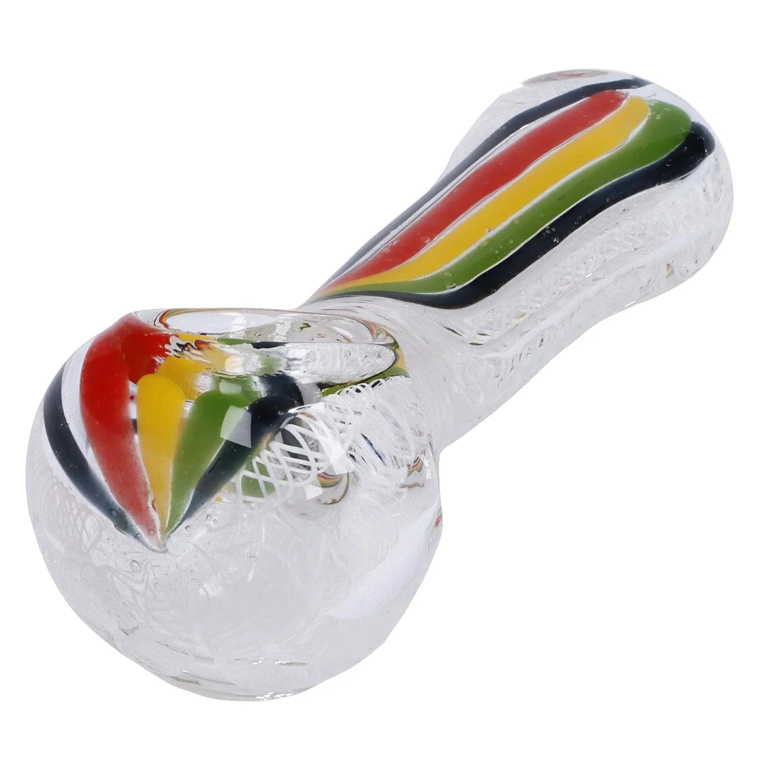 Angled close-up of the Twisted Rasta & White Art Pipe - 3.5 in showing clear glass with red, yellow, green and black twisted stripes.