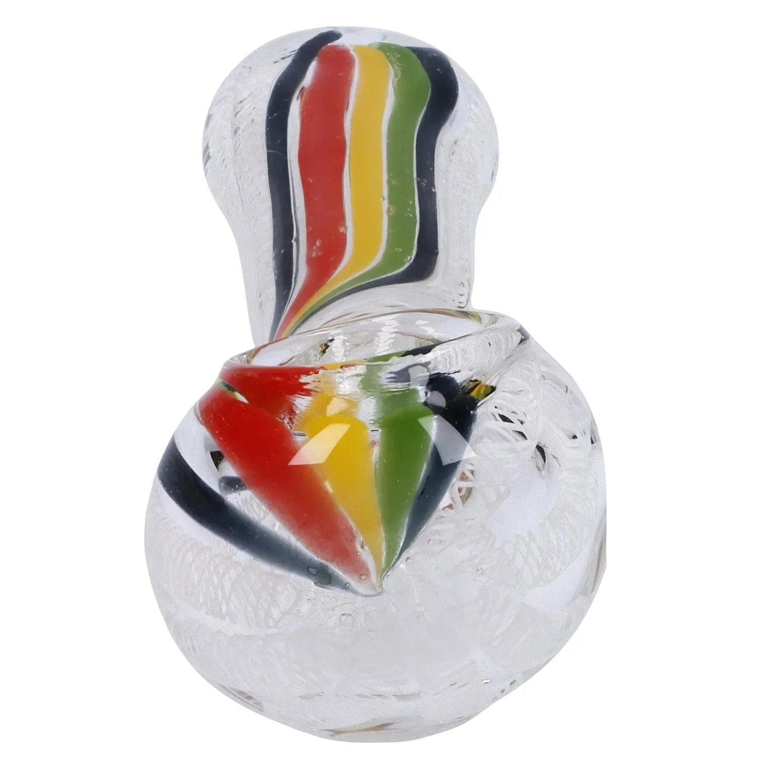Close-up front view of the Twisted Rasta & White Art Pipe - 3.5 in showing its clear glass body with twisted red, yellow, green and black ribbon accents.