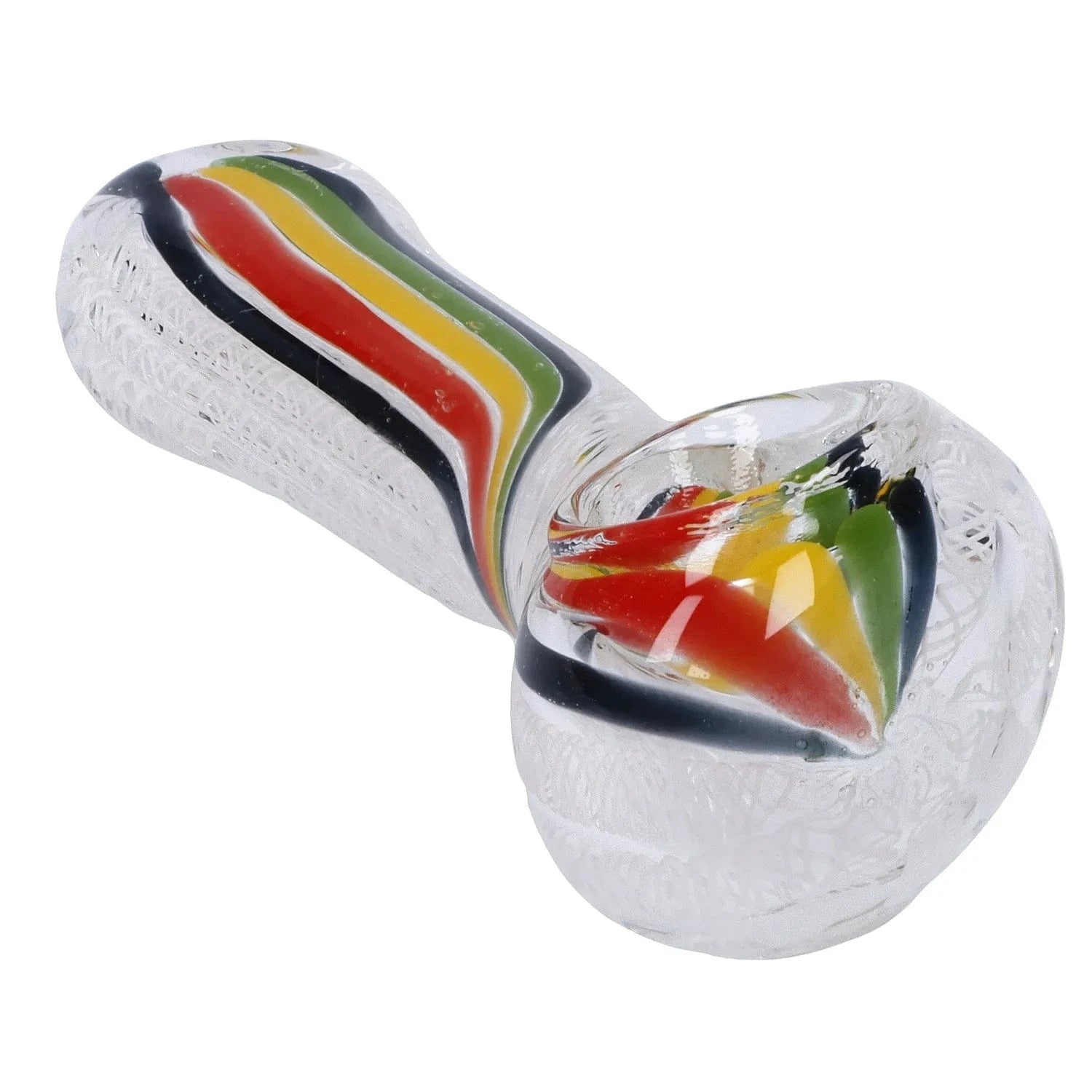 Angled close-up of the clear Twisted Rasta & White Art Pipe - 3.5 in showing colorful red, yellow, green and black twisted ribbons inside the bowl.