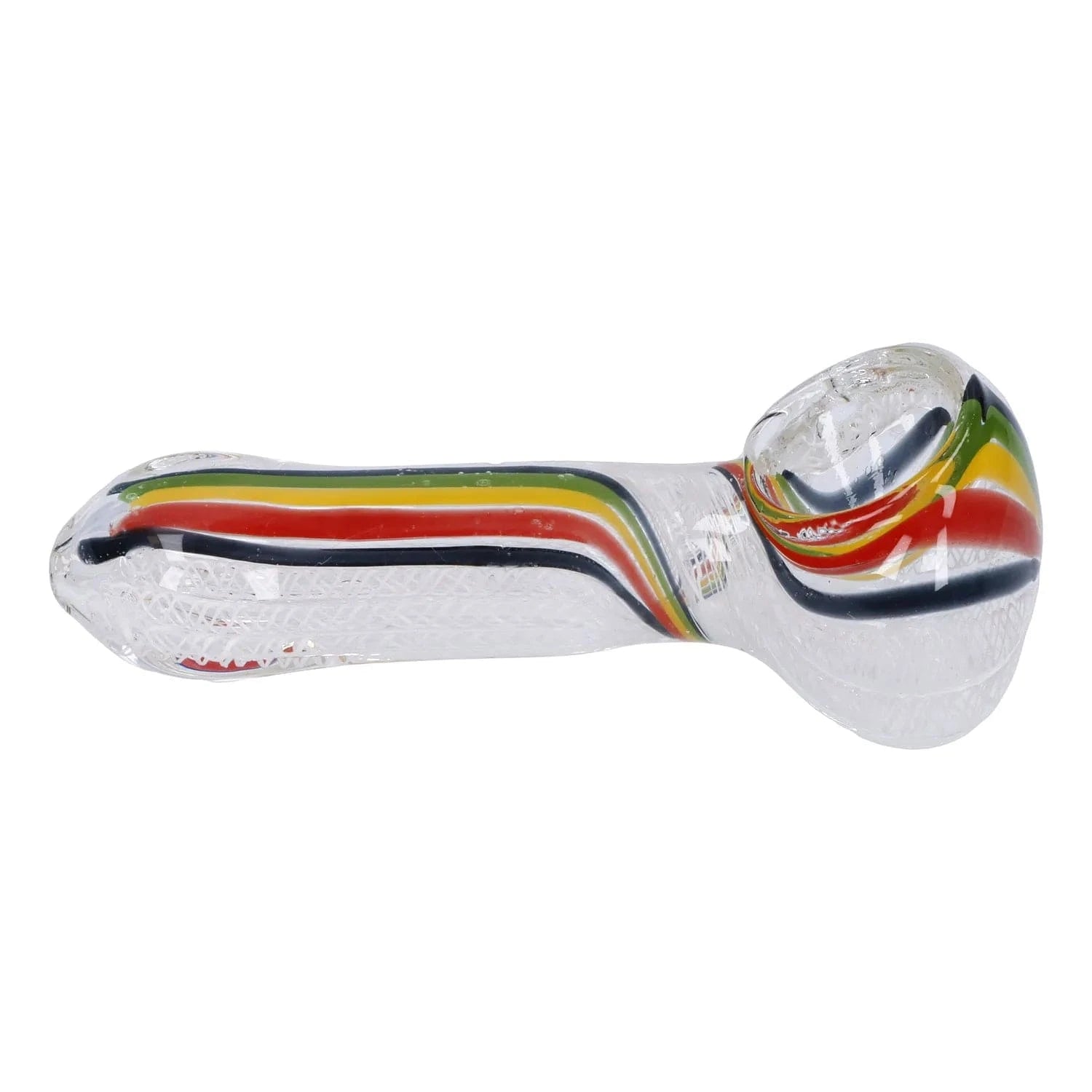 Side view of the clear Twisted Rasta & White Art Pipe - 3.5 in with colored red, yellow, green and black twisted stripes running along its length.