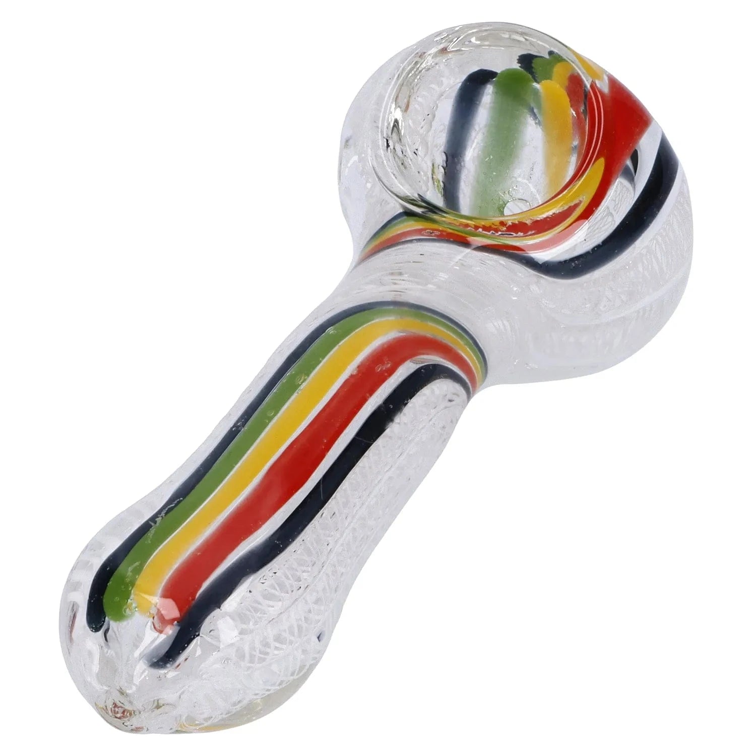 Angled close-up of the Twisted Rasta & White Art Pipe - 3.5 in showing clear glass with twisted red, yellow, green and black stripe accents.