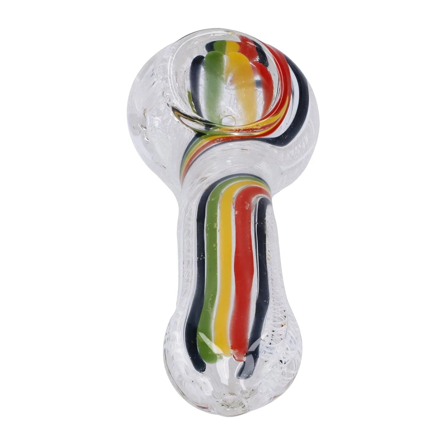 Top-down view of the Twisted Rasta & White Art Pipe - 3.5 in showing its clear glass body with twisted red, yellow, green and black internal stripes against a white background