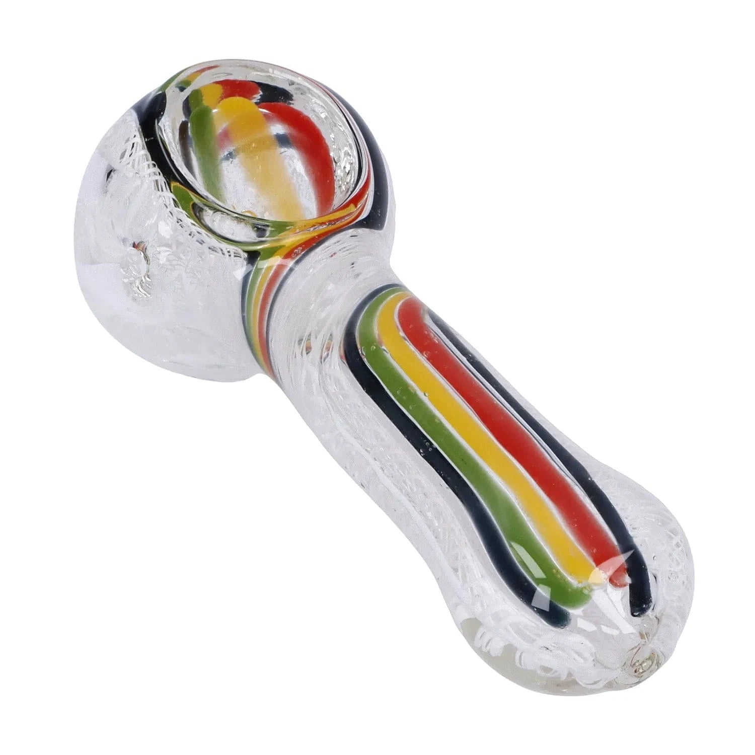 Angled close-up of the Twisted Rasta & White Art Pipe - 3.5 in showing a clear glass spoon bowl and twisted red, yellow, green, and black stripes along the stem against a white background