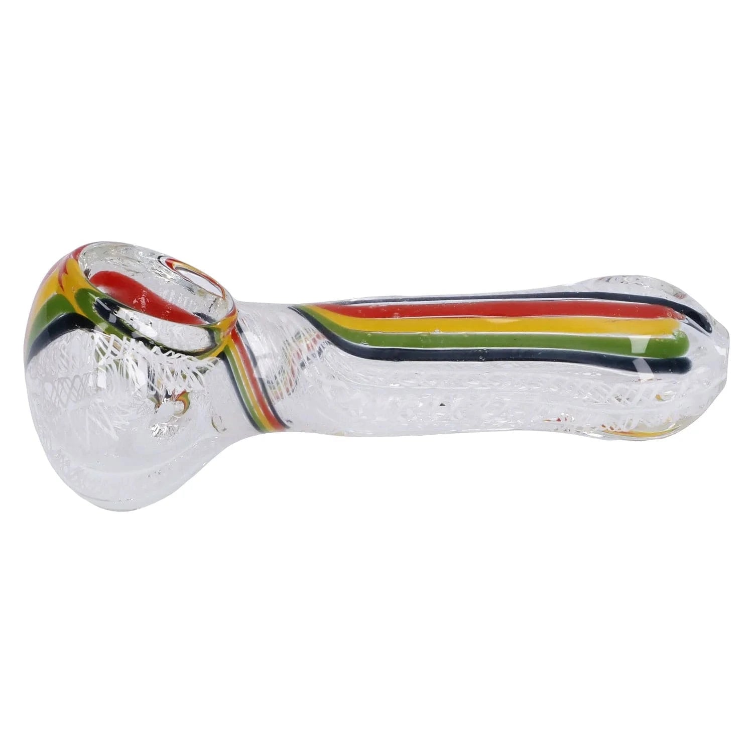 Side view of the Twisted Rasta & White Art Pipe - 3.5 in, a clear glass hand pipe with red, yellow, green and black twisted stripes.