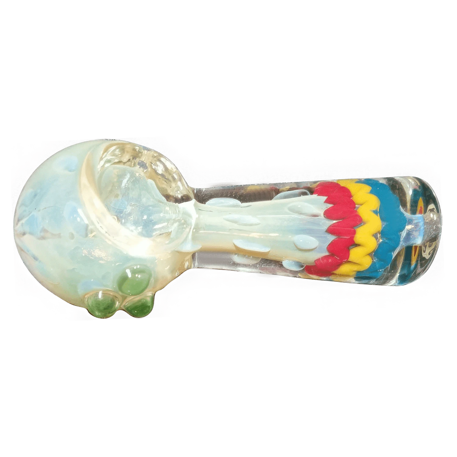 Top-down close view of the Twisting Color Wrap Spoon Pipe - 4in. showing a pale opalescent bowl with green glass dots and a clear handle wrapped in red, yellow, and blue twists.
