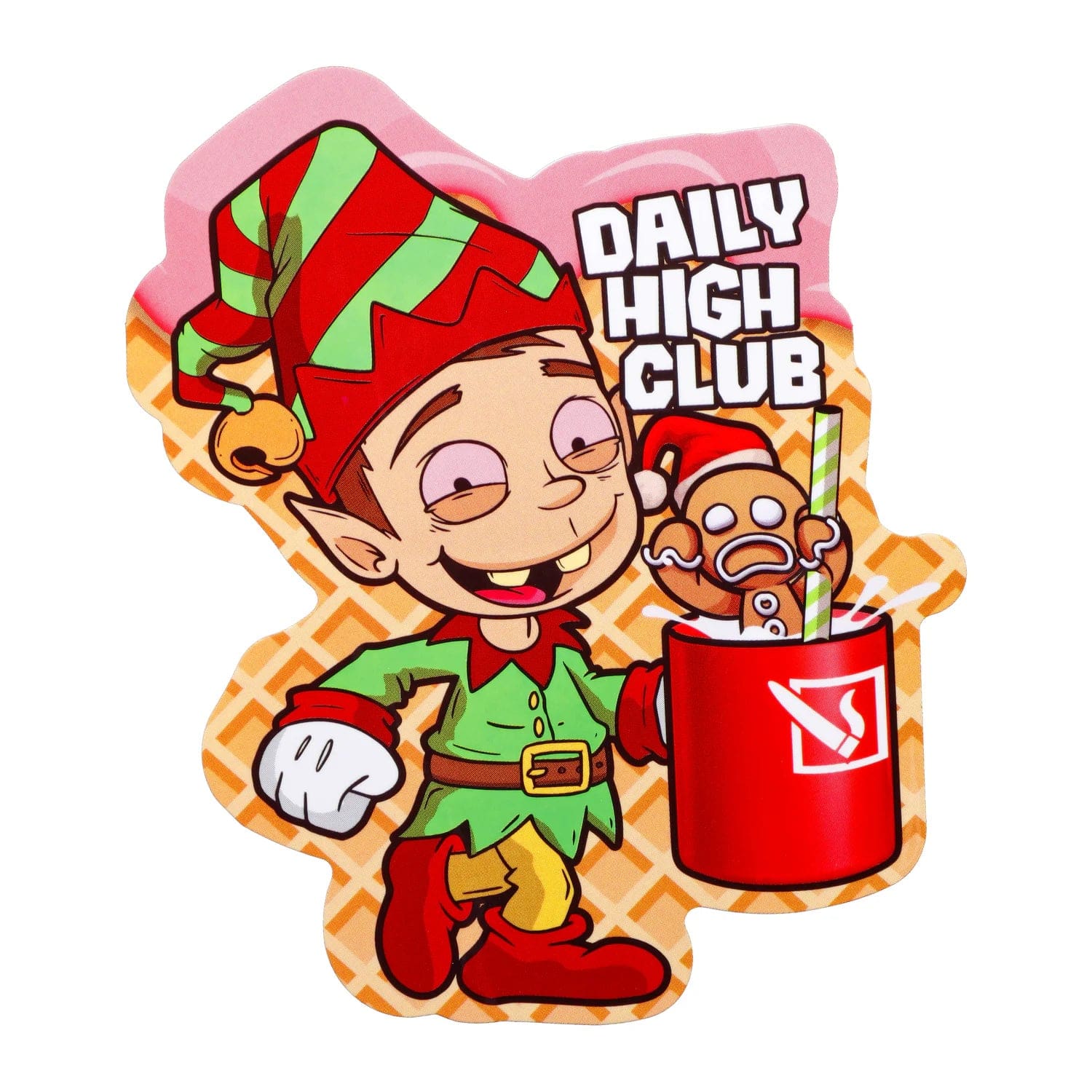 A whimsical illustration features the “Happy Holiblaze” Smoking Box held by a cartoon elf against a patterned backdrop.