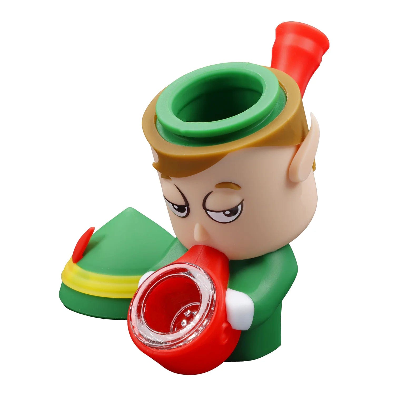 A close-up, angled view of the “Happy Holiblaze” Smoking Box, featuring a red and green box-shaped design.