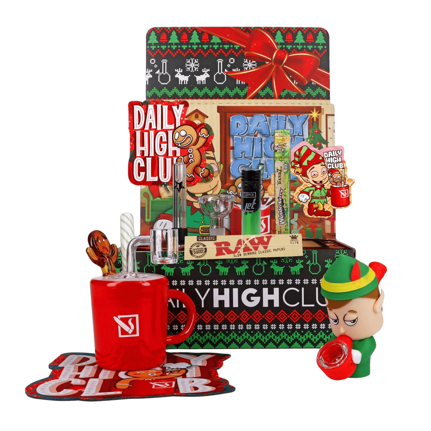 A straight-on view of the “Happy Holiblaze” Smoking Box with a red label and holiday designs, surrounded by packaging.