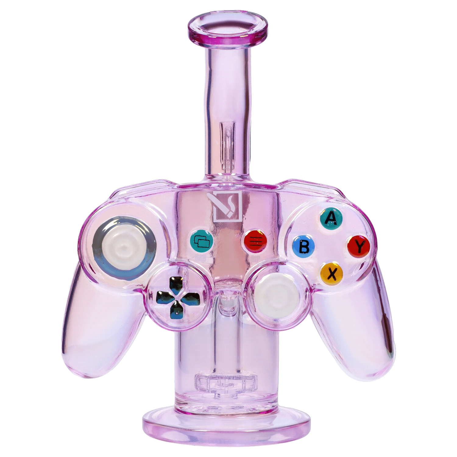 Front view of the “Level Up” Smoking Box, a purple glass piece with a unique, rounded design and visible joint details.