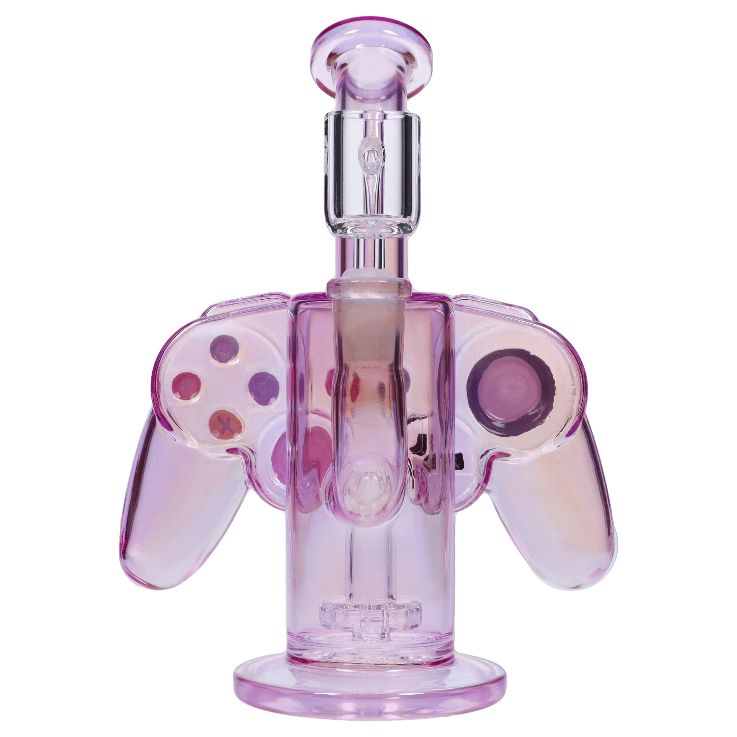 A studio shot of the “Level Up” Smoking Box, featuring a uniquely shaped, translucent purple glass piece against a white backdrop.