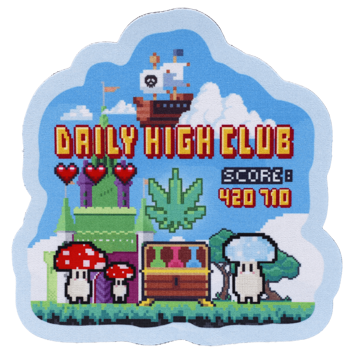 A pixel-art illustration of the "Level Up" Smoking Box, showing mushrooms surrounding a small, colorful van on a green landscape.