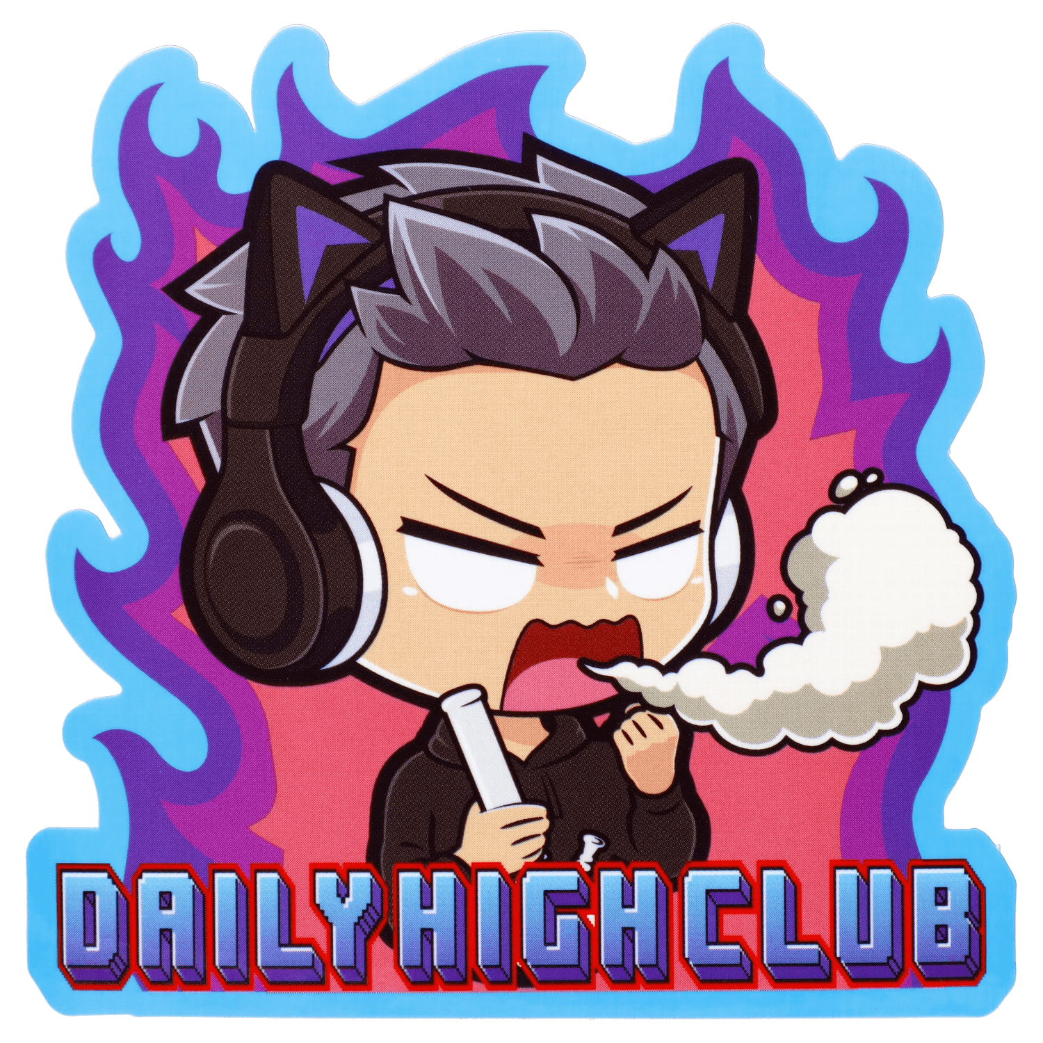 A cartoon illustration features the “Level Up” Smoking Box with a character exhaling smoke in a vibrant, playful style.