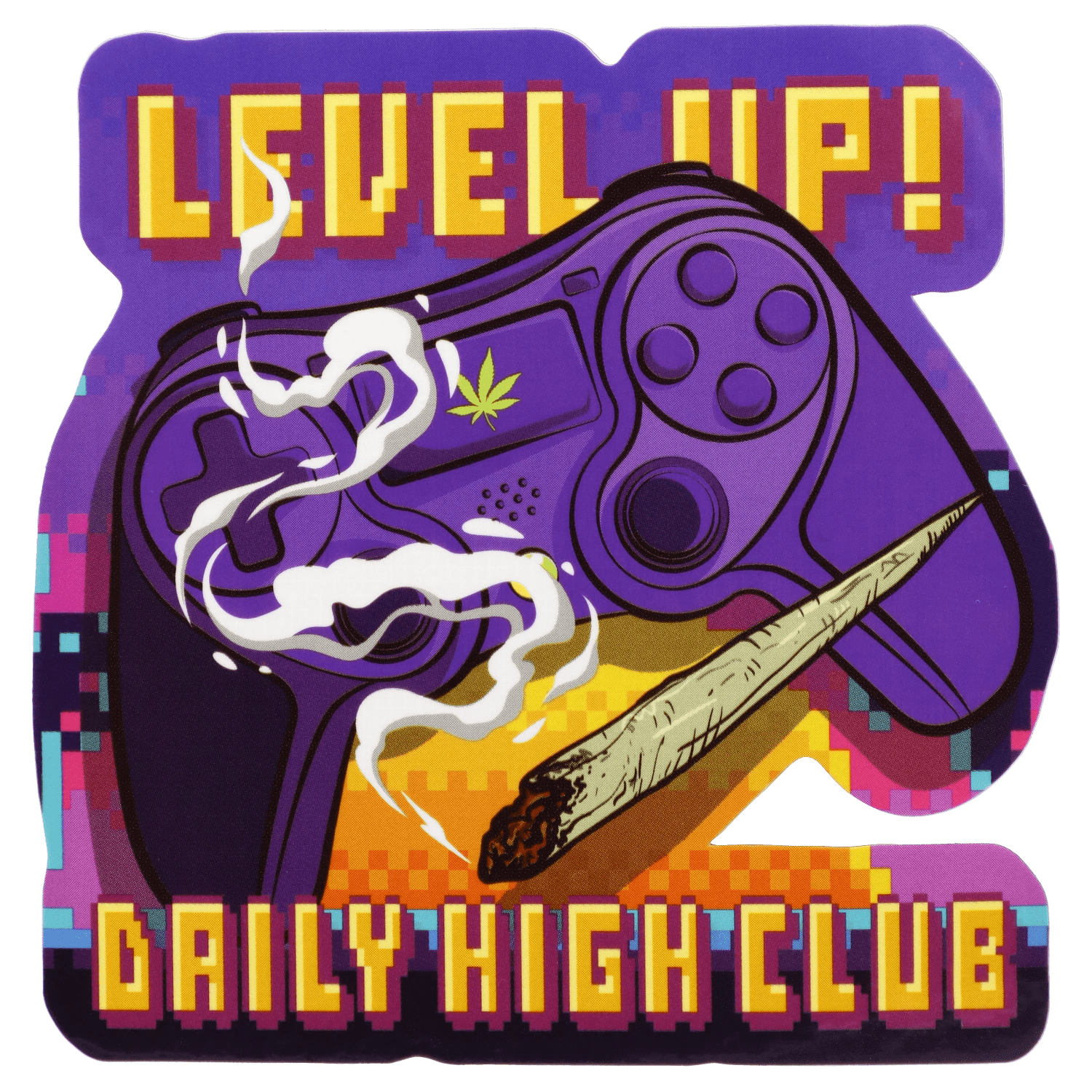A vibrant, close-up shot showcases the "Level Up" Smoking Box, featuring a thick plume of smoke curling from a joint with detailed branding.