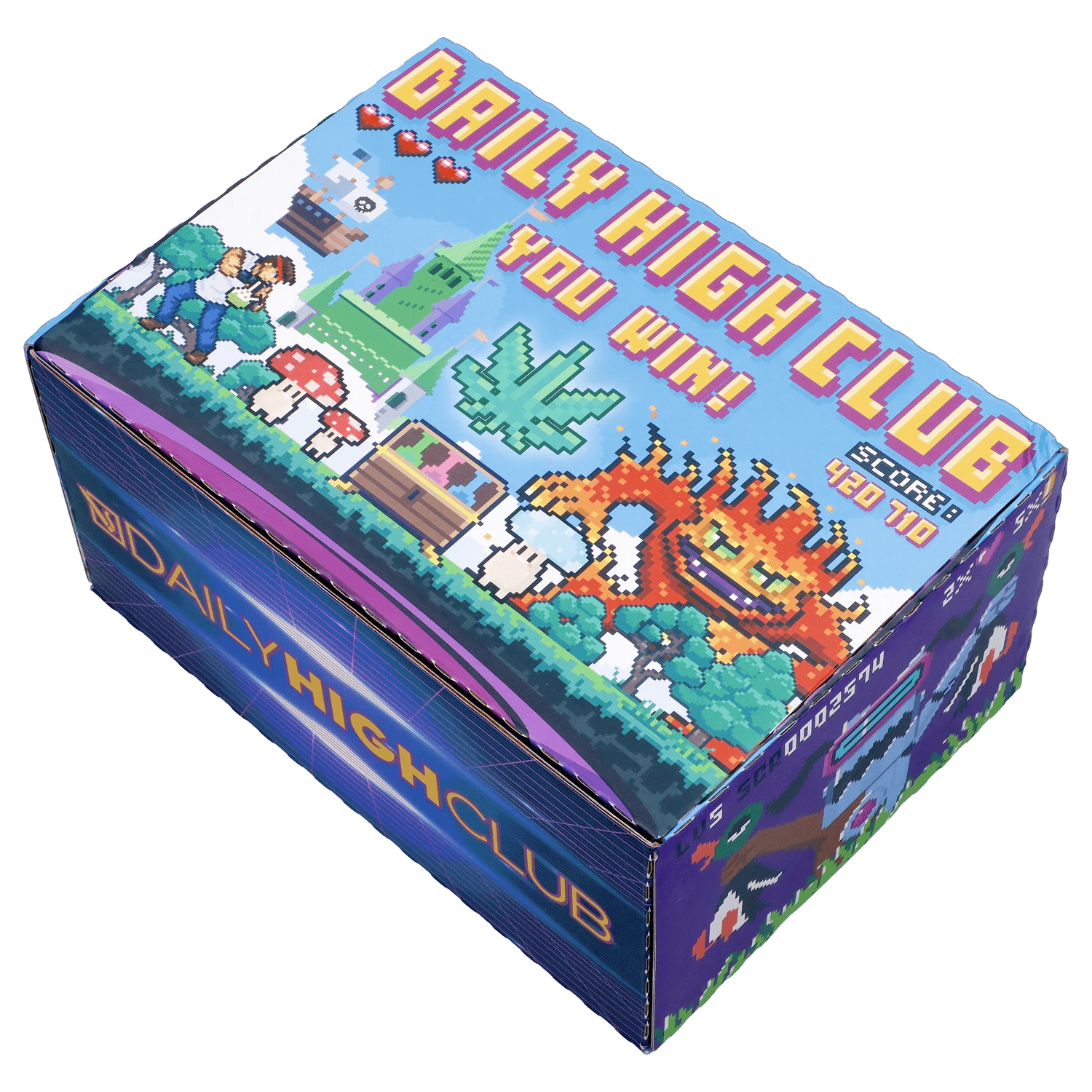 Front view of the “Level Up” Smoking Box, displaying a colorful, pixelated design resembling a retro video game interface.