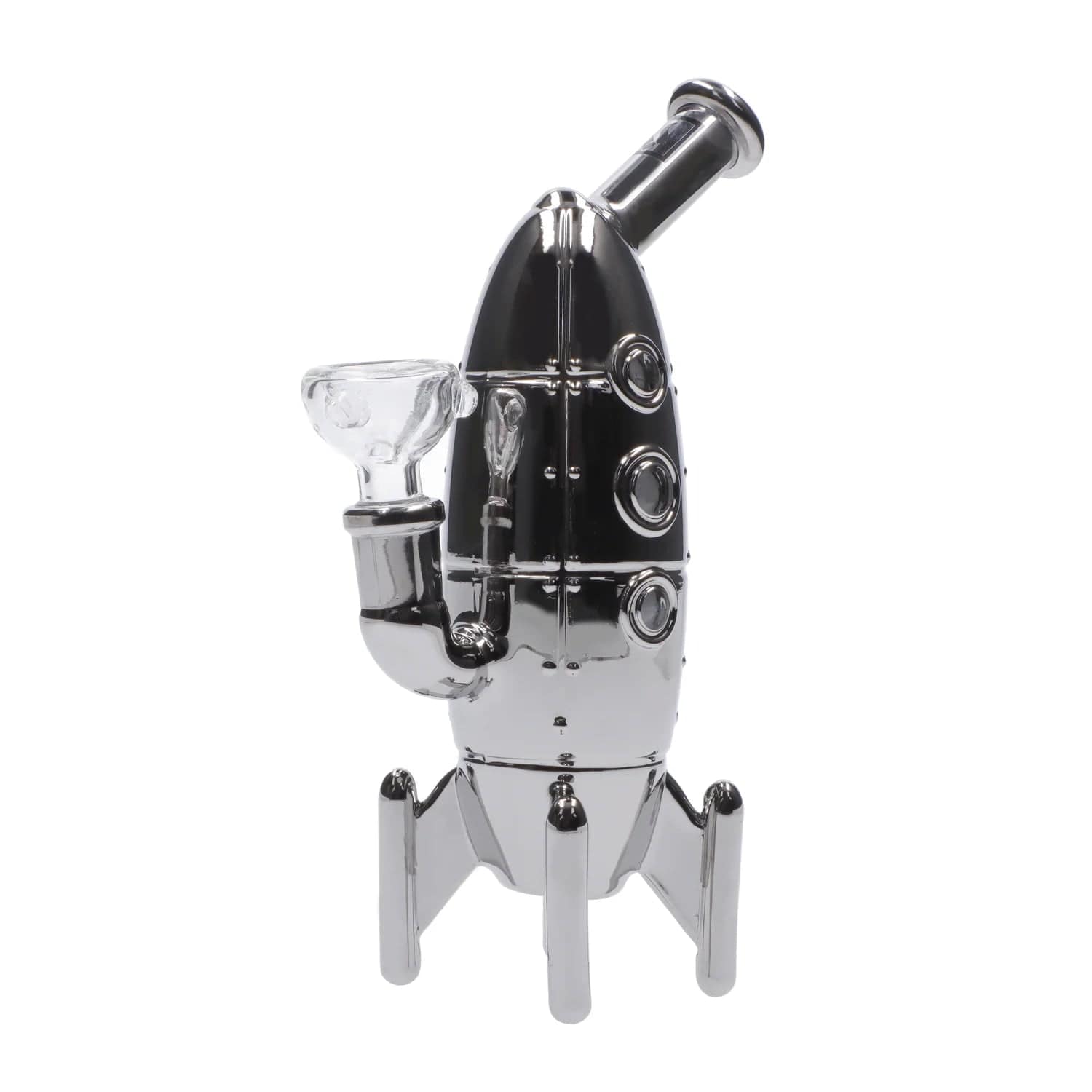 A three-quarter view of the silver DHC Originals March 2024 Rocket Bong, showcasing its sculpted design against a plain white background.