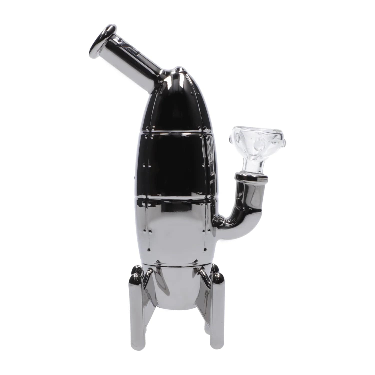 A front view of the DHC Originals March 2024 Silver Rocket Bong, showcasing its polished silver finish and unique rocket-inspired design.