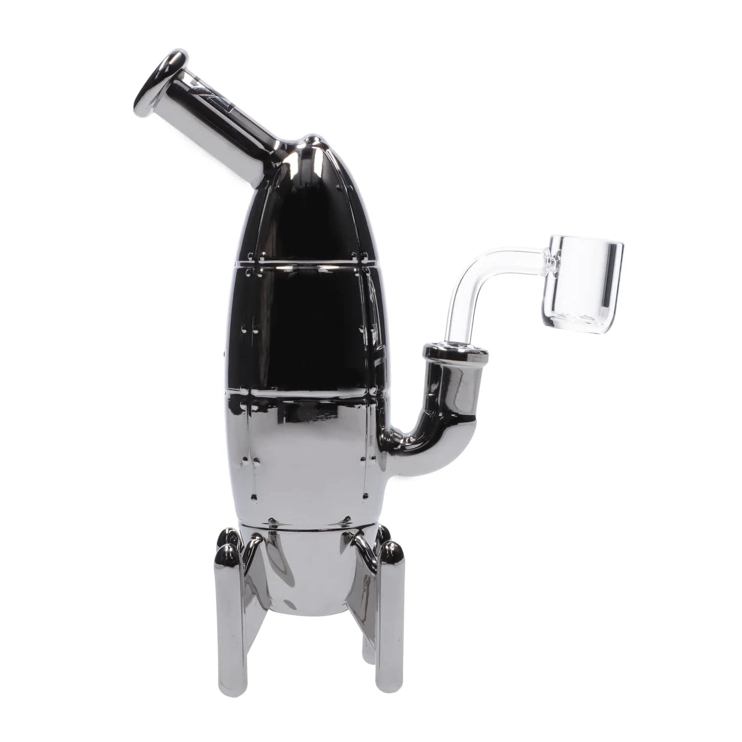 A three-quarter view of the DHC Originals March 2024 Silver Rocket Bong, displaying its metallic, rocket-shaped design against a plain white background.