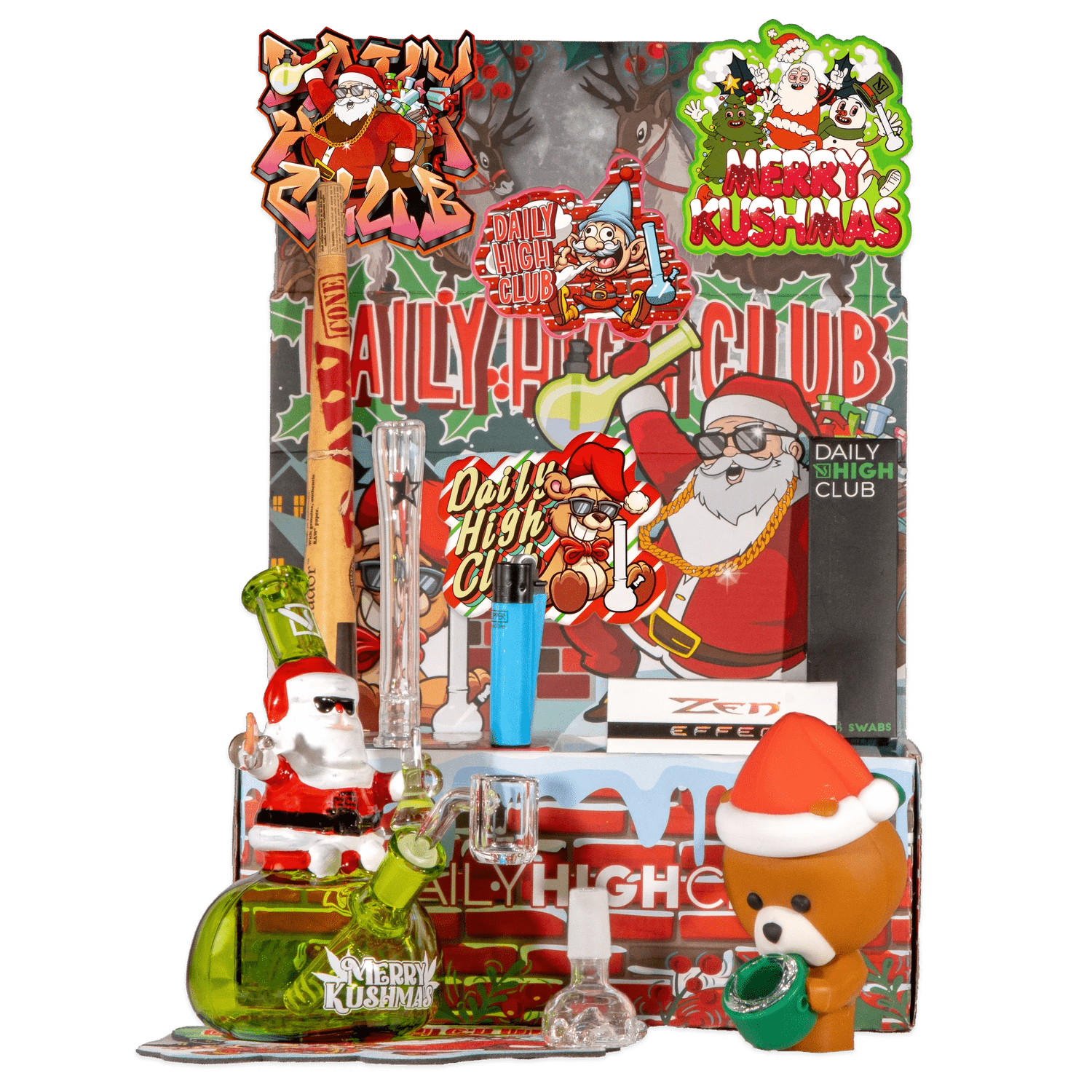 A slightly angled view of the “Merry Kushmas” Smoking Box, featuring colorful cartoon graphics on a dark background.