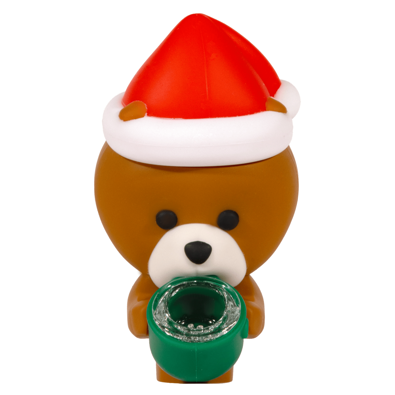 Front view of the “Merry Kushmas” Smoking Box, a cartoonish, bear-shaped container with a red hat.