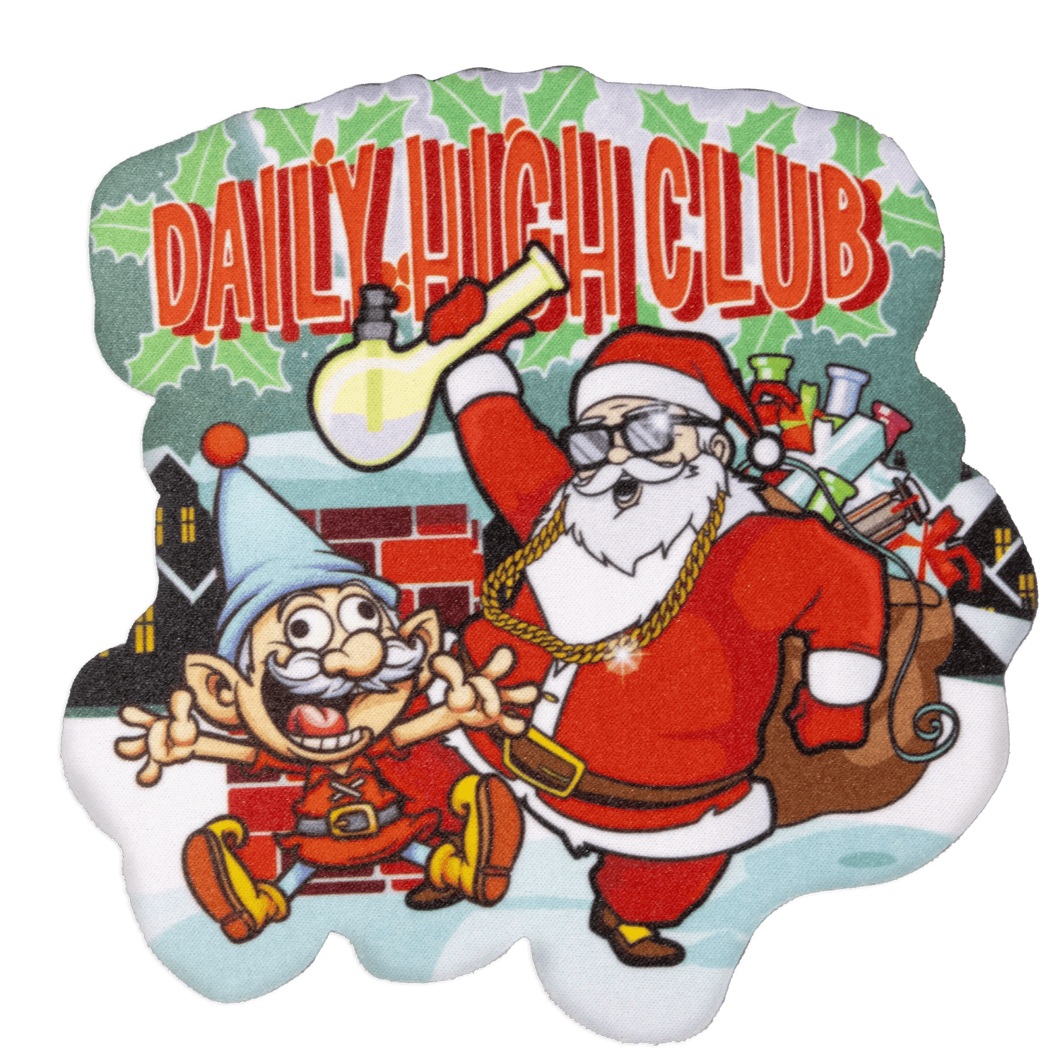 A cartoon Santa Claus delivers the “Merry Kushmas” Smoking Box, a festive gift overflowing with colorful smoke and presents.