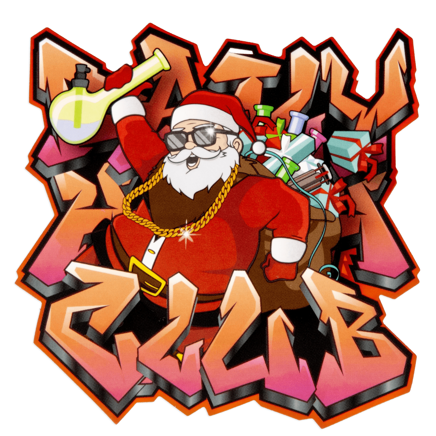 A festive illustration of the “Merry Kushmas” Smoking Box featuring a jolly, gold-chained character in a red suit.