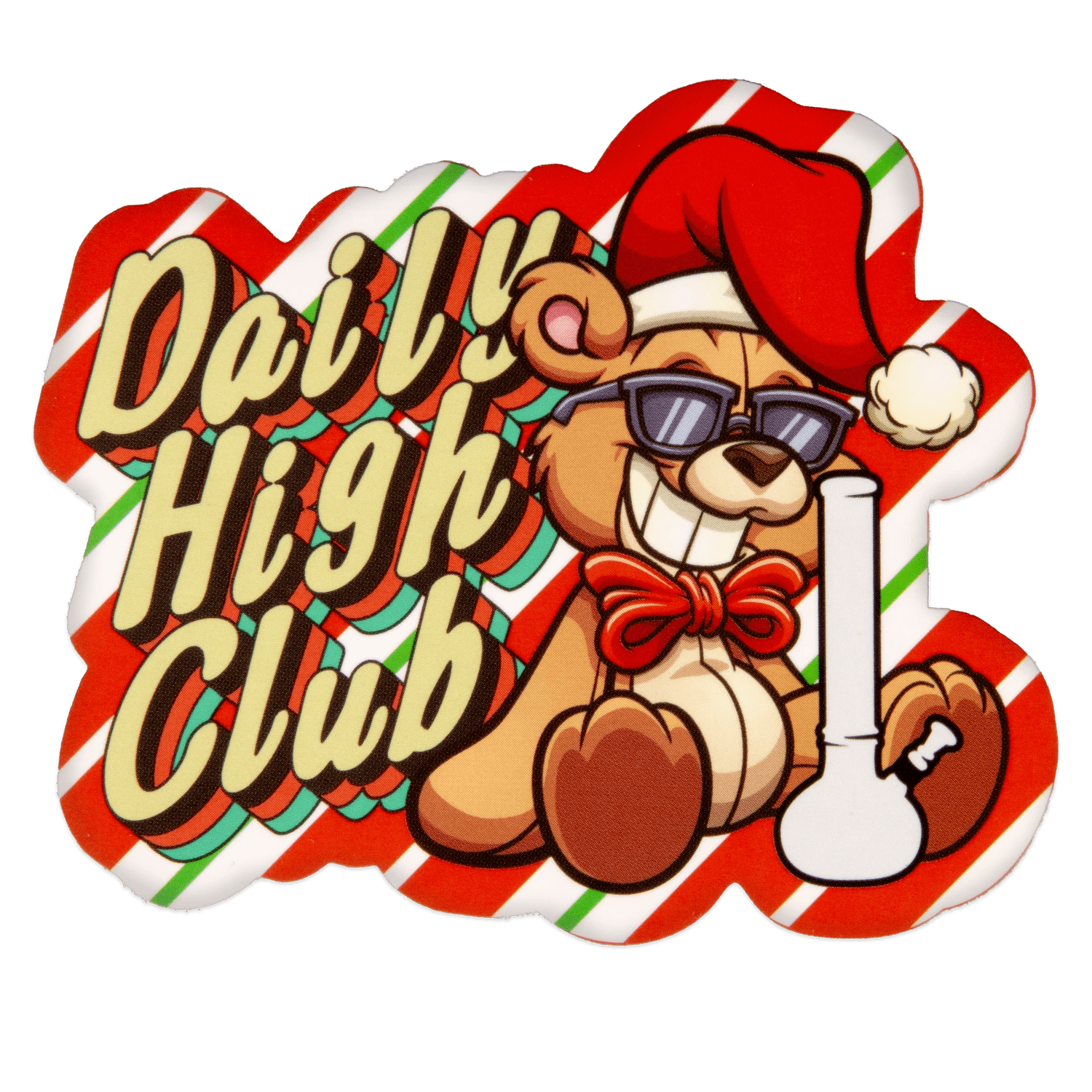A whimsical illustration of the “Merry Kushmas” Smoking Box featuring a teddy bear with sunglasses, set against a festive backdrop.
