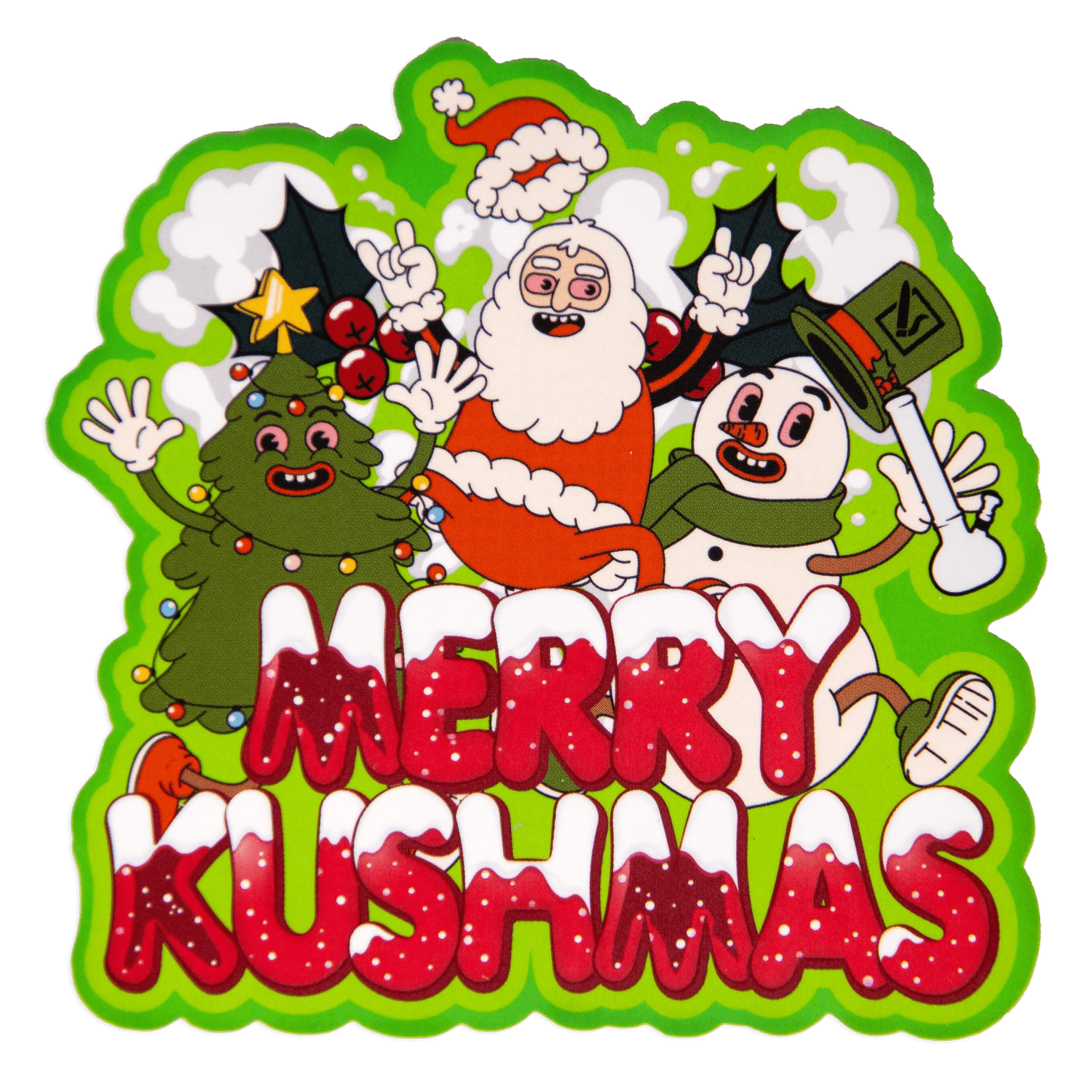 A whimsical illustration features the “Merry Kushmas” Smoking Box with a cartoon Santa Claus and snowman design.