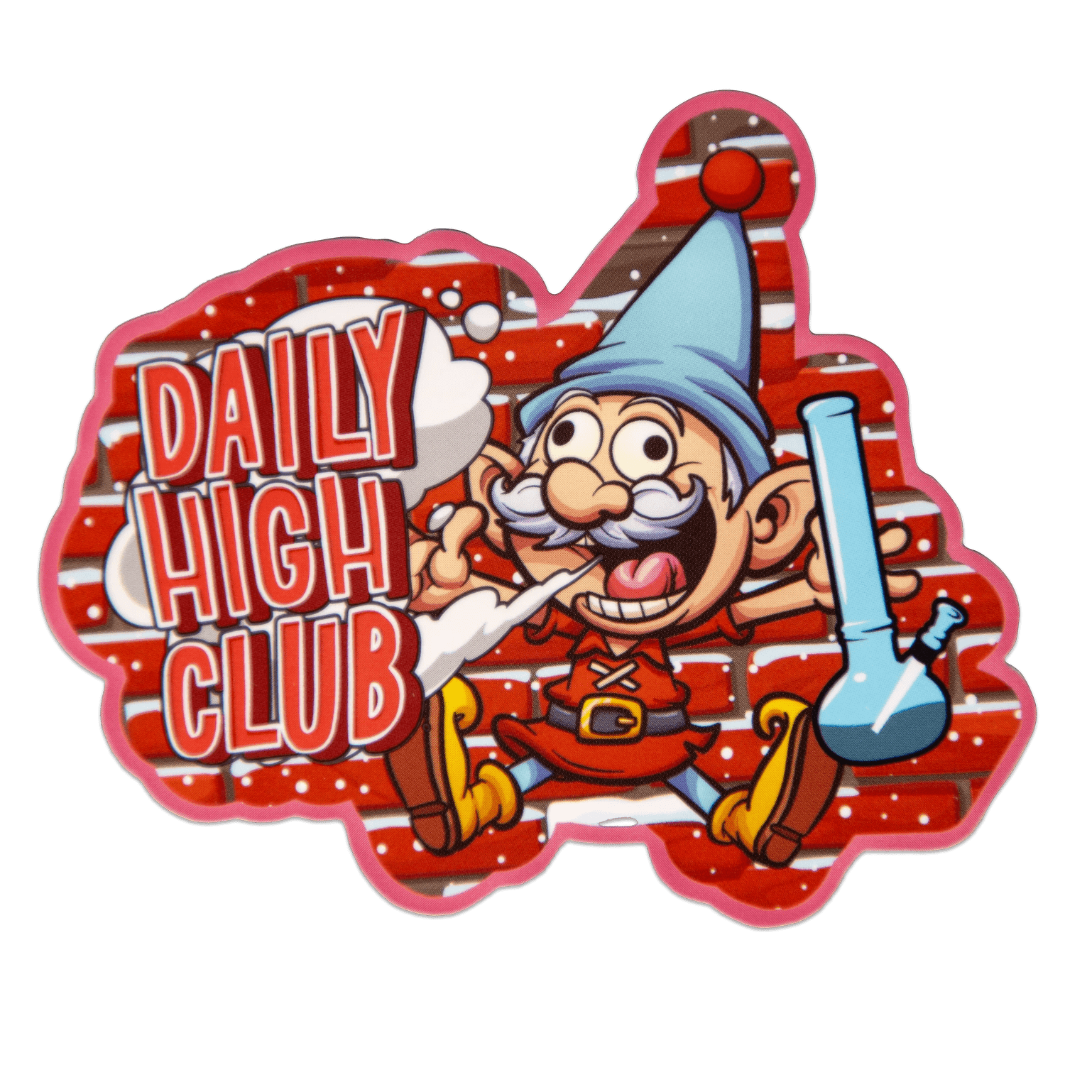 A whimsical illustration of the “Merry Kushmas” Smoking Box featuring a cartoon Santa with a glass pipe.