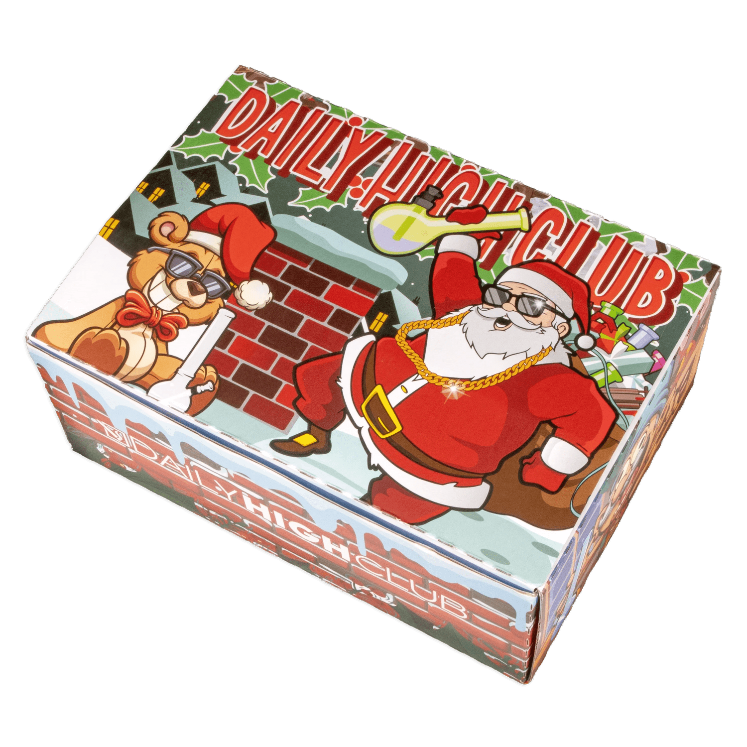 A vibrant illustration on the “Merry Kushmas” Smoking Box depicts a cartoon bear wearing sunglasses and gold chains.
