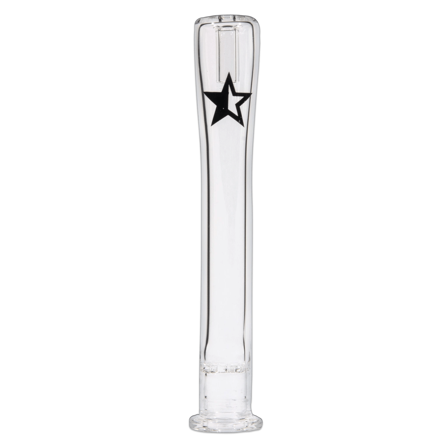 Front view of the “Merry Kushmas” Smoking Box, a tall, clear glass tube with a simple cylindrical shape.