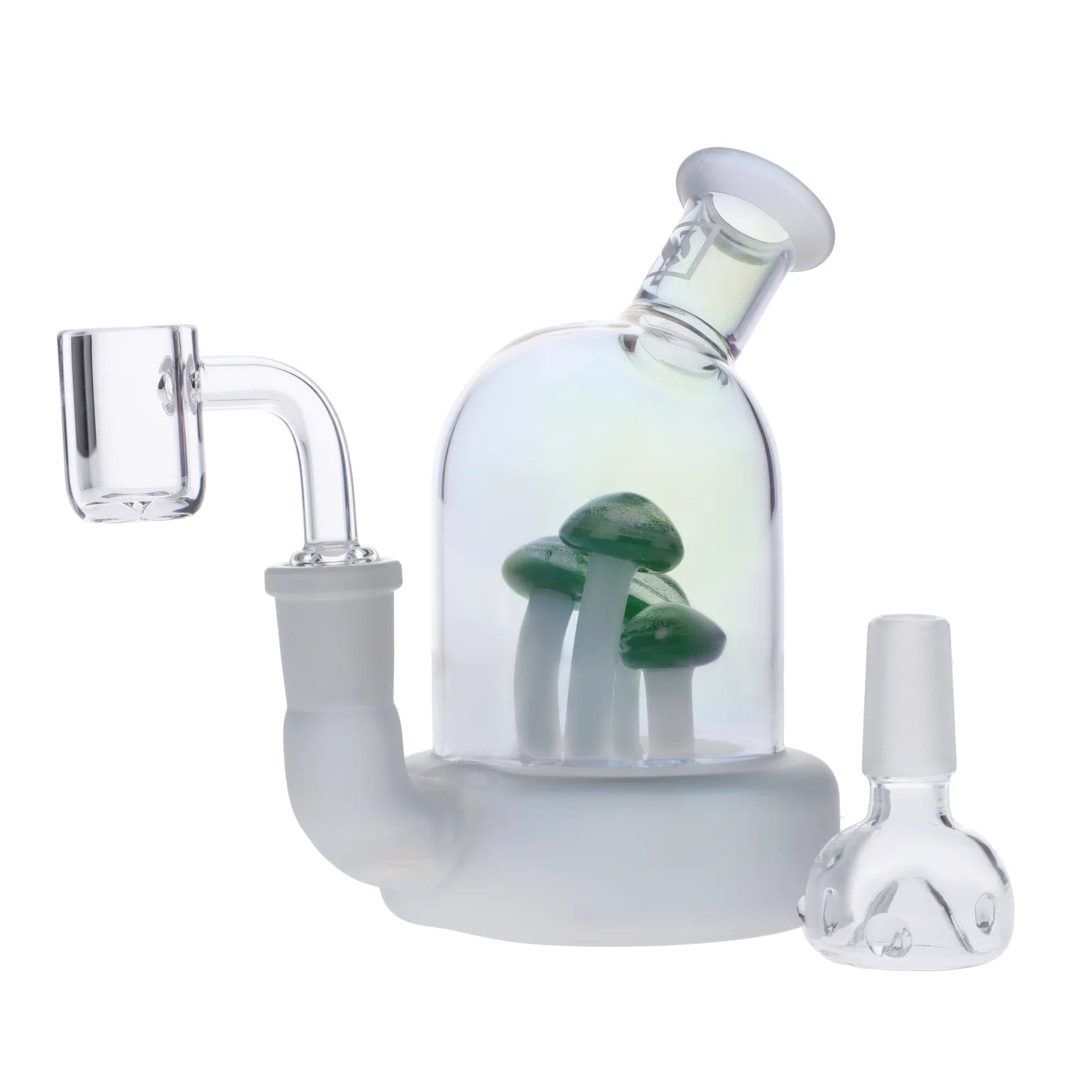 A front view of the DHC Originals Mushroom Terrarium Bong, showcasing a clear glass water pipe with mushroom-shaped accents inside the terrarium.