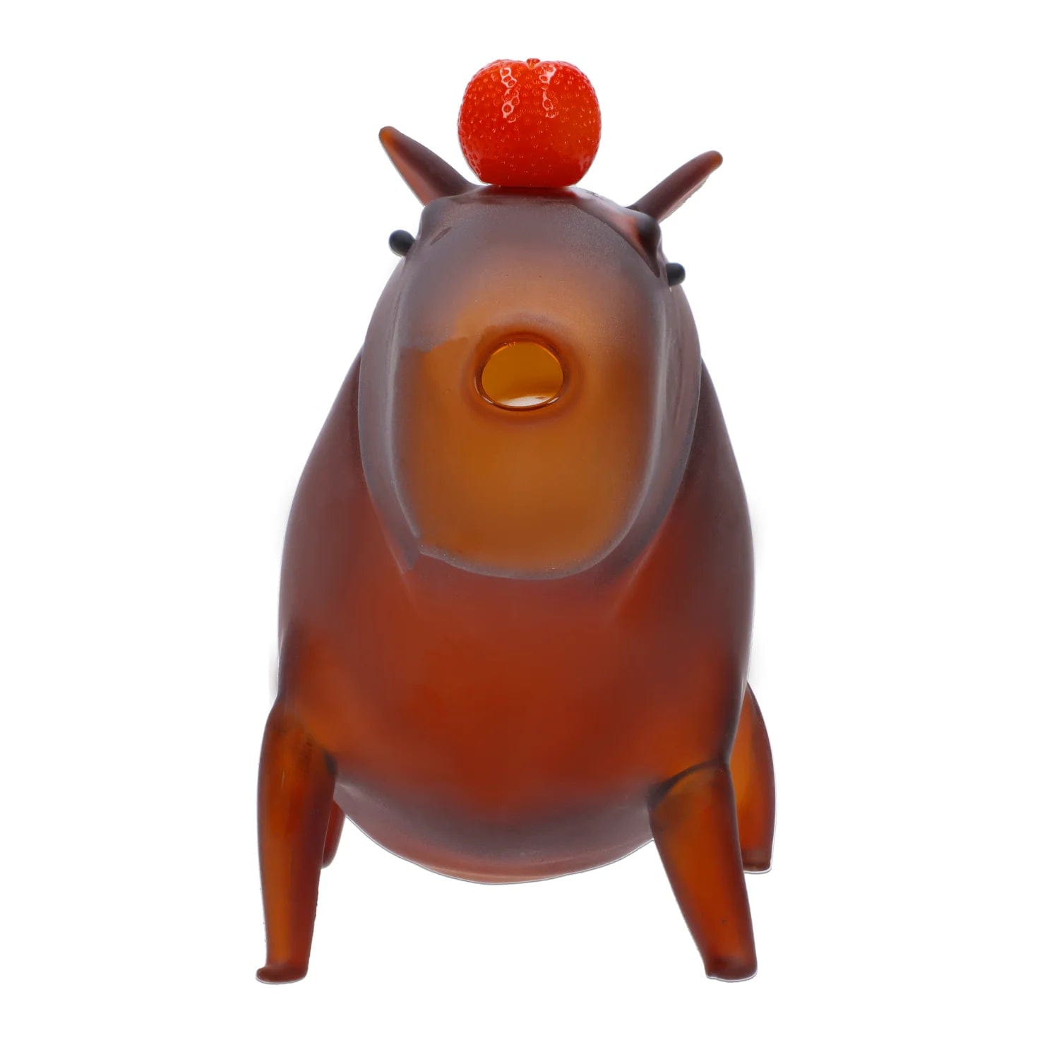 A front view of the "No Cap-ybara" Smoking Box, a rounded, reddish-brown ceramic sculpture resembling a capybara.