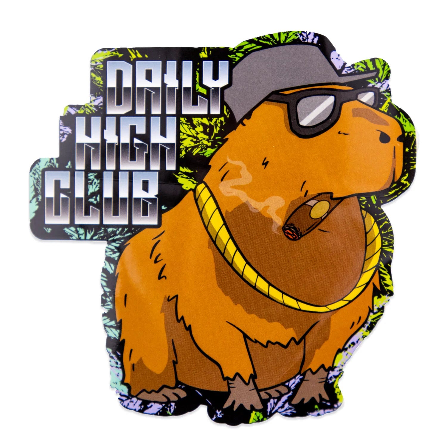 A cartoon illustration of the “No Cap-ybara” Smoking Box, showing a capybara wearing sunglasses and a gold chain.