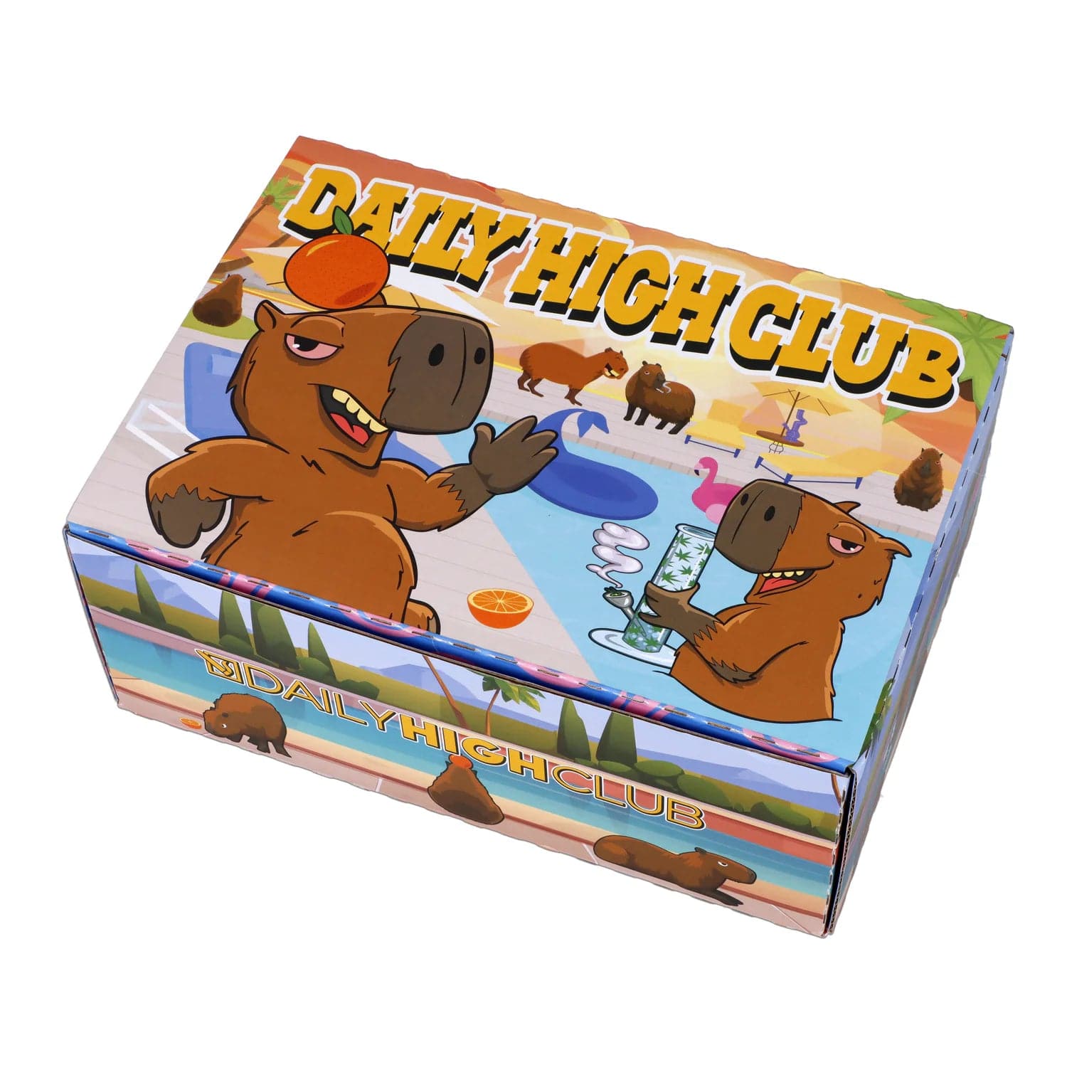 Front view of the ""No Cap-ybara"" Smoking Box, featuring a colorful illustration of capybaras on a patterned background.