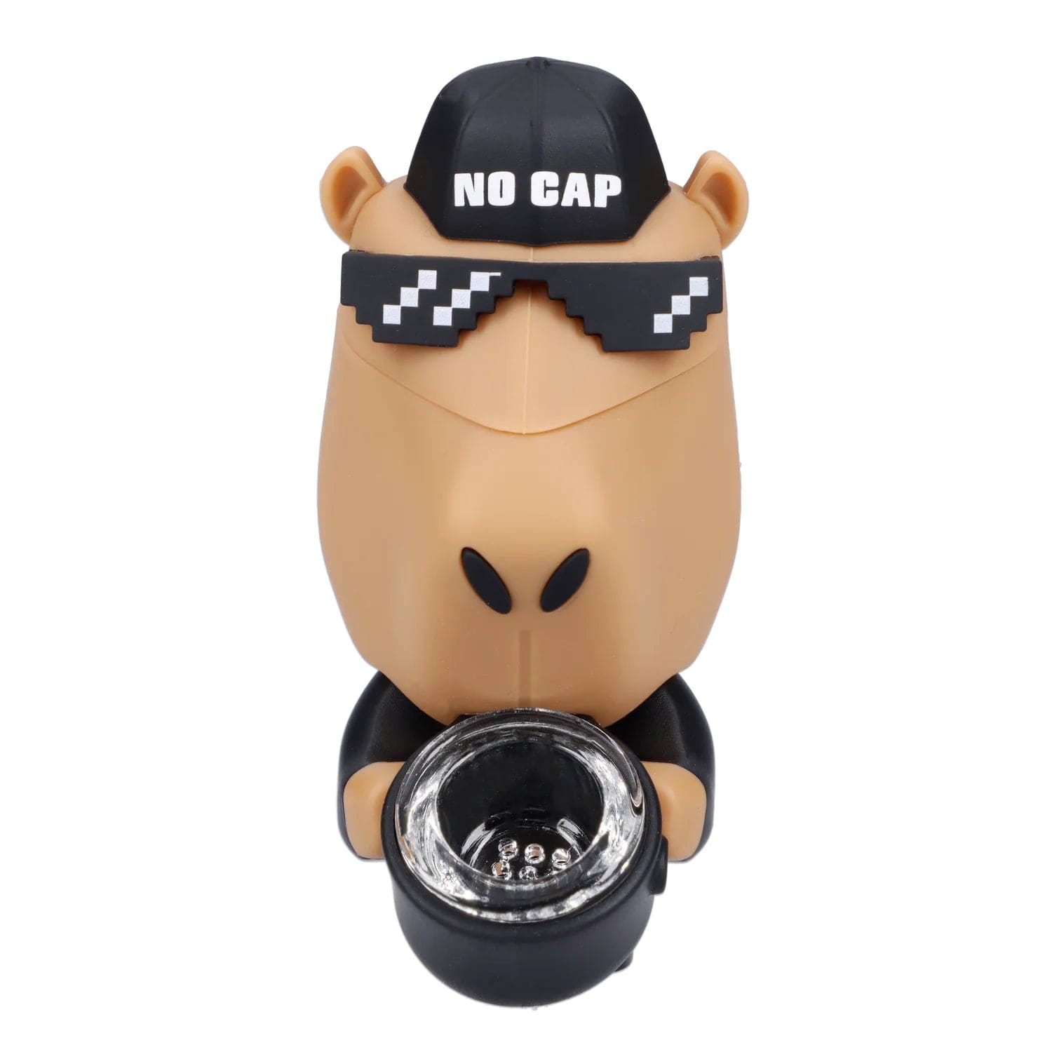 Front view of the “No Cap-ybara” Smoking Box, a cartoon capybara-shaped container with a dark opening visible.