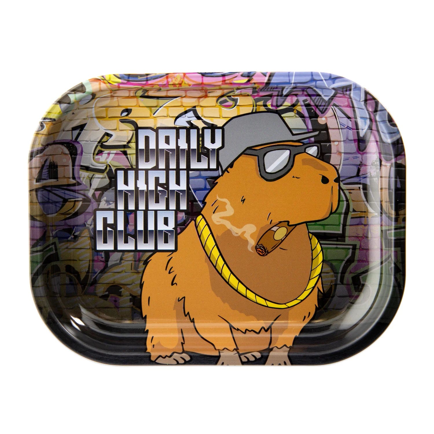 Front view of the “No Cap-ybara” Smoking Box, featuring a capybara wearing sunglasses and a gold chain.
