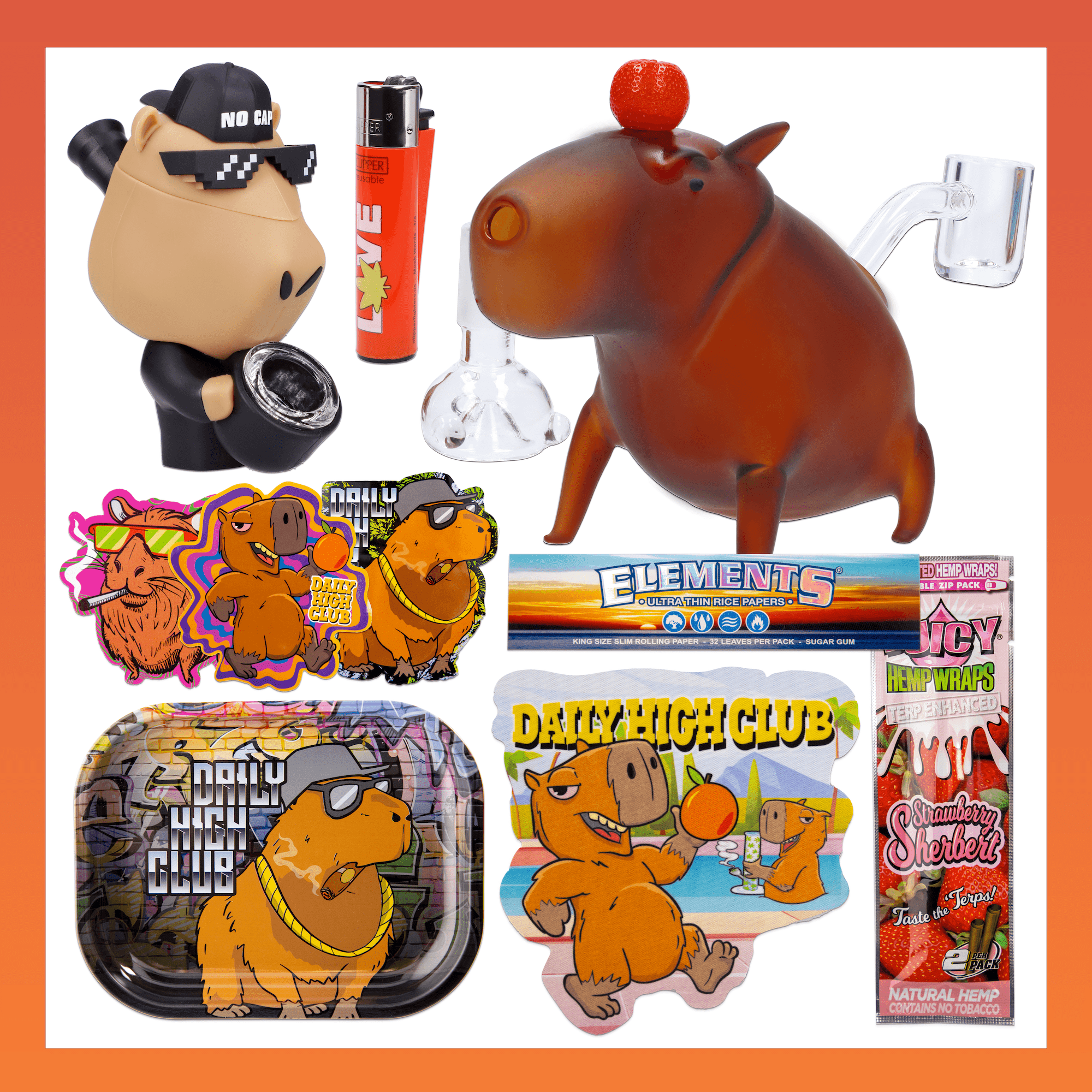 A slightly angled, eye-level shot of the "No Cap-ybara" Smoking Box next to colorful rolling papers and a lighter.