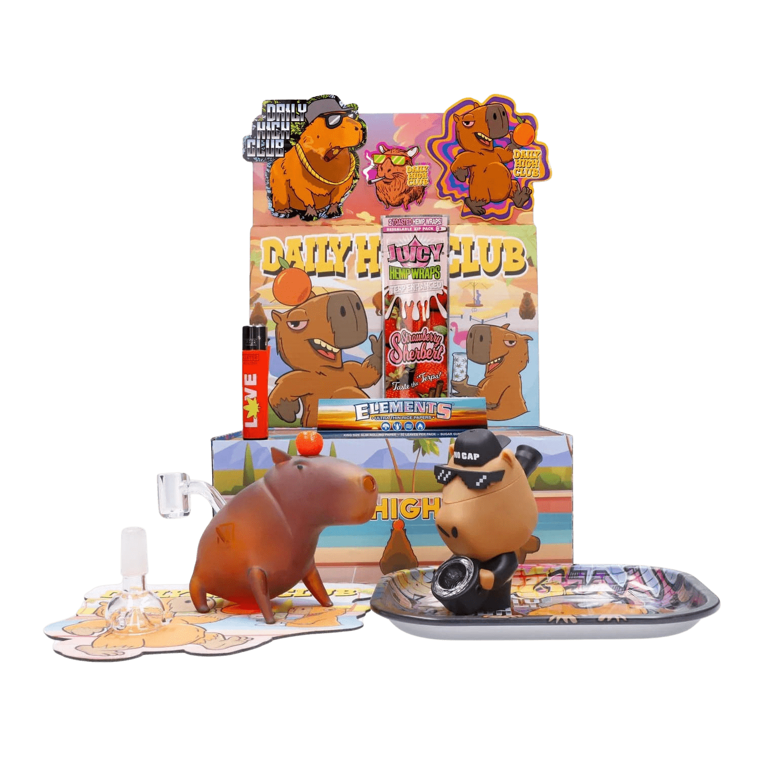 A brightly colored illustration on the "No Cap-ybara" Smoking Box features a cartoon capybara, presented as a quirky, playful design.