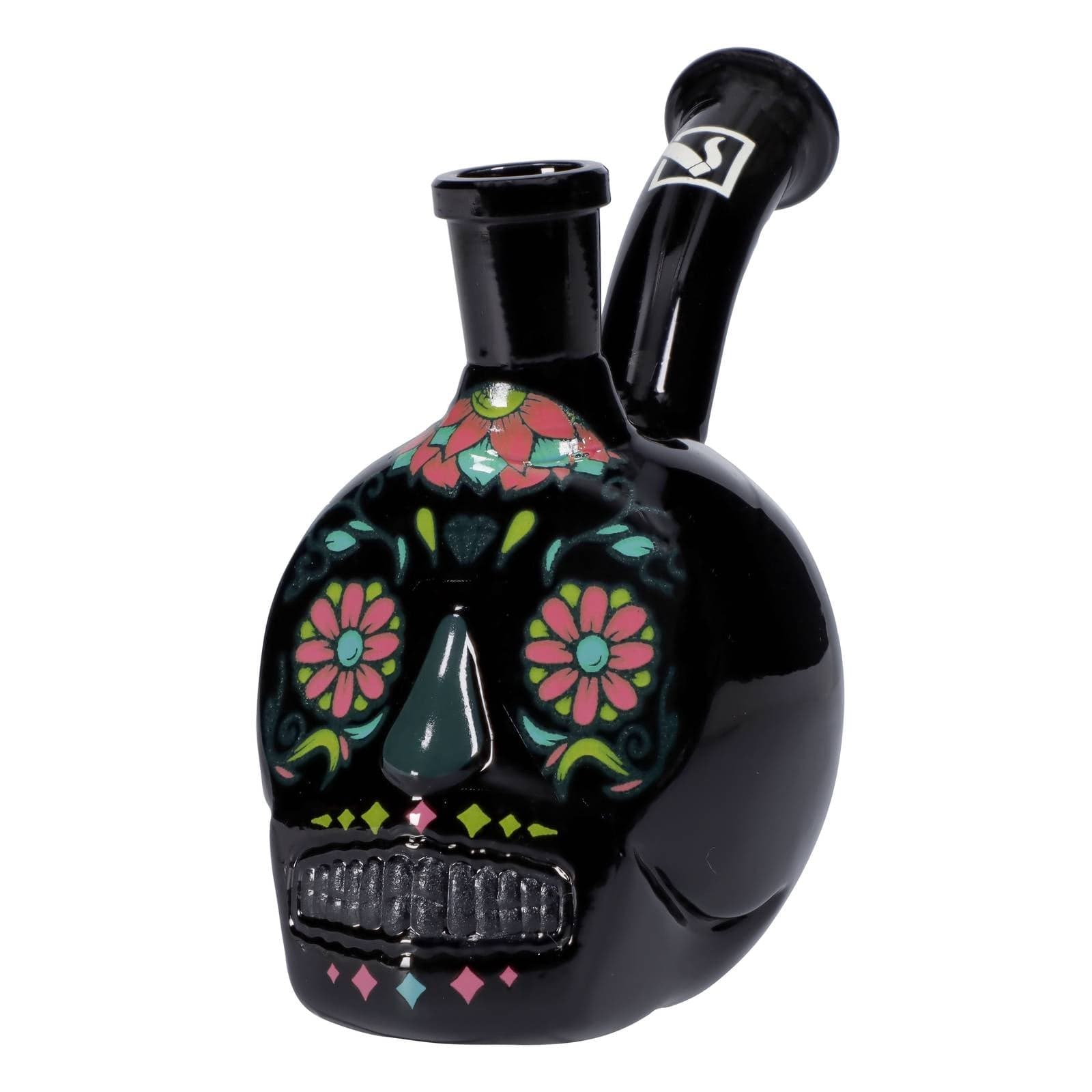 Front view of the DHC Originals October 2023 Black Skull Bong, showcasing a detailed black skull design on clear glass.