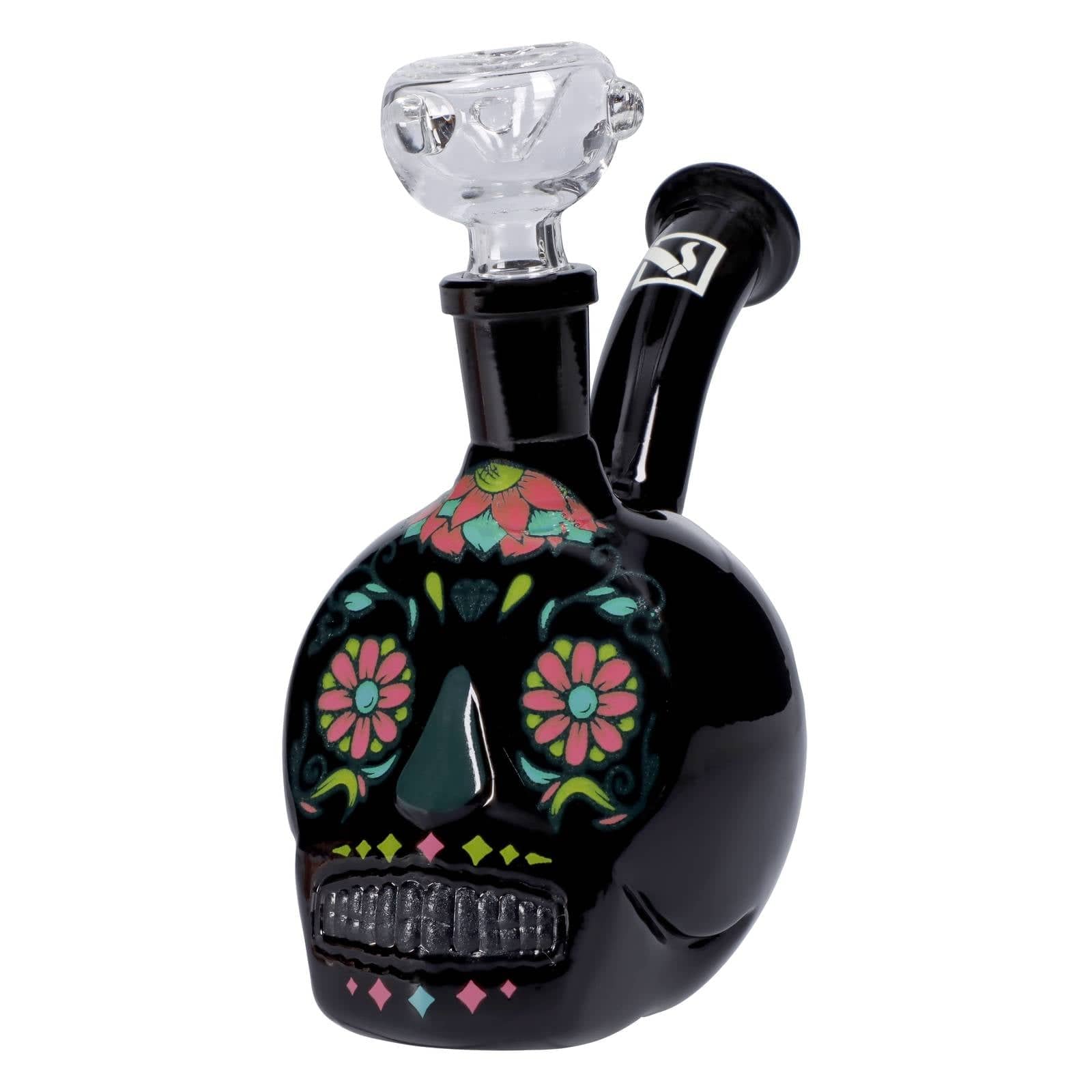 Front view of the DHC Originals October 2023 Black Skull Bong, a darkly tinted glass piece with a sculpted skull design.