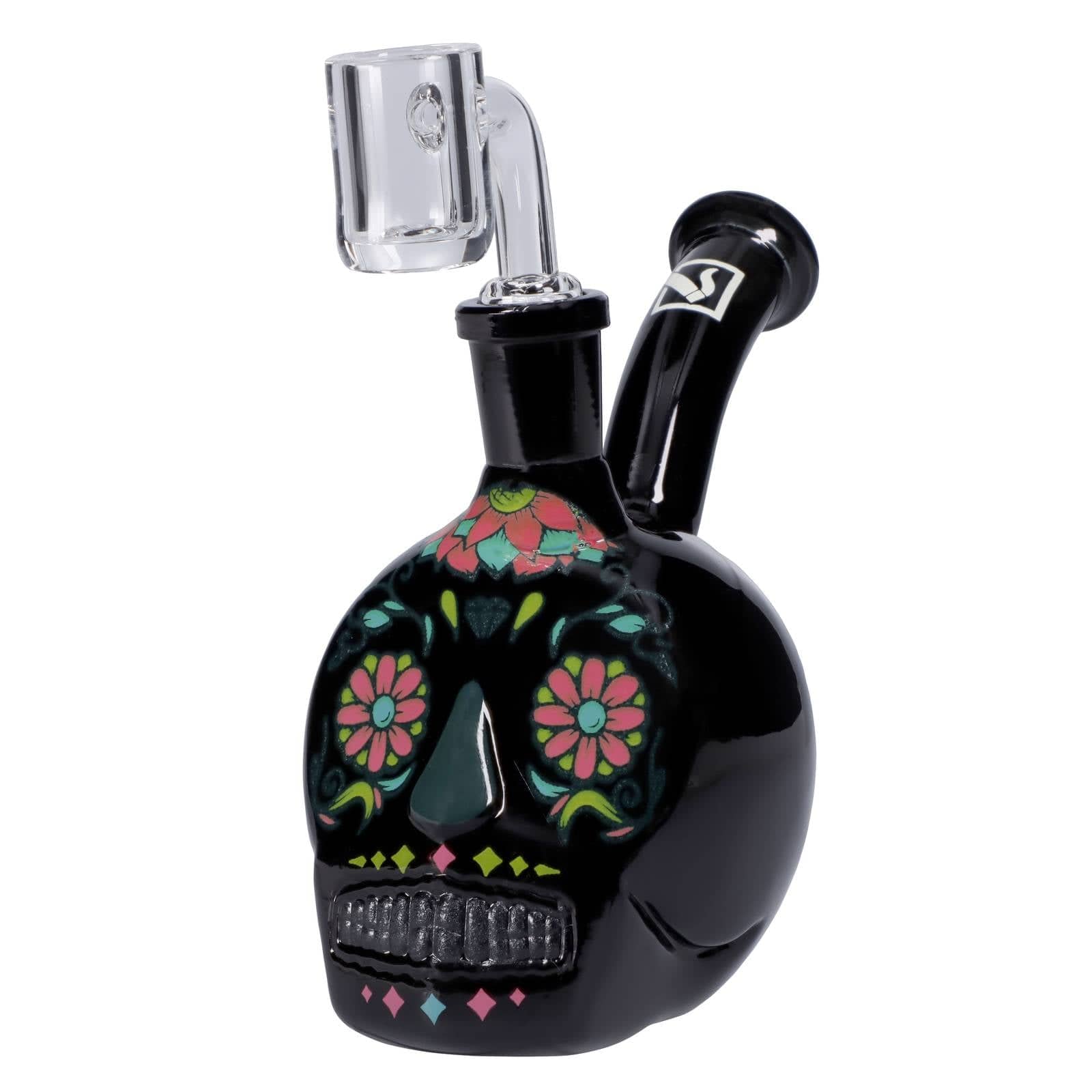 Front view of the DHC Originals October 2023 Black Skull Bong, showcasing its dark glass skull design and visible joint.