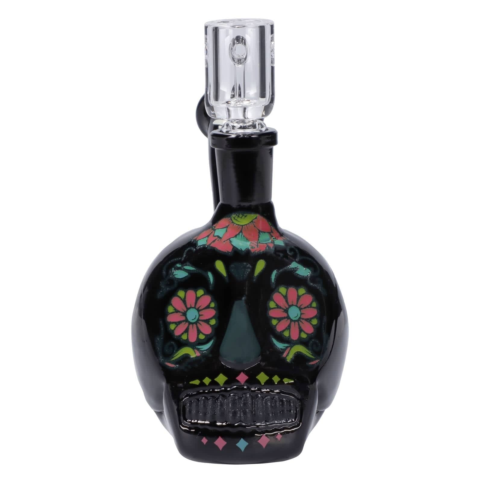 Front view of the DHC Originals October 2023 Black Skull Bong, showcasing a detailed skull design on the dark glass body.