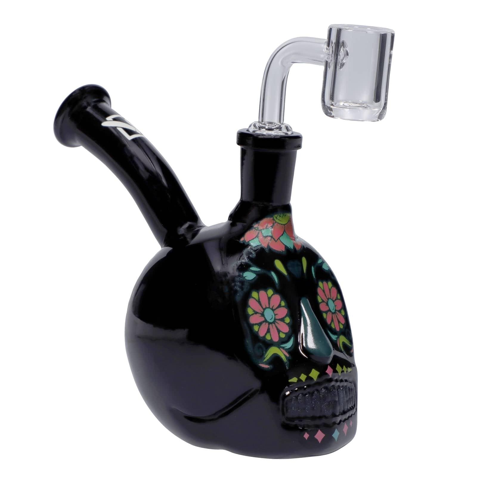 A front view of the DHC Originals October 2023 Black Skull Bong, showcasing its detailed skull design in dark glass.