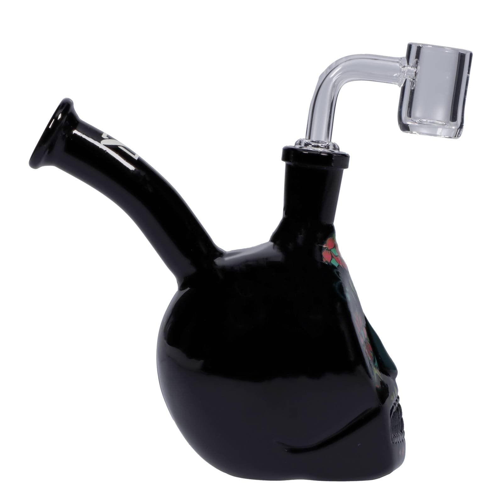 A studio shot displays the DHC Originals October 2023 Black Skull Bong, highlighting its dark glass and skull-shaped design.