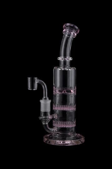 A studio shot of the 9.5" Triple Honeycomb Dab Rig, displaying its clear glass construction and layered honeycomb percolator from a low angle.