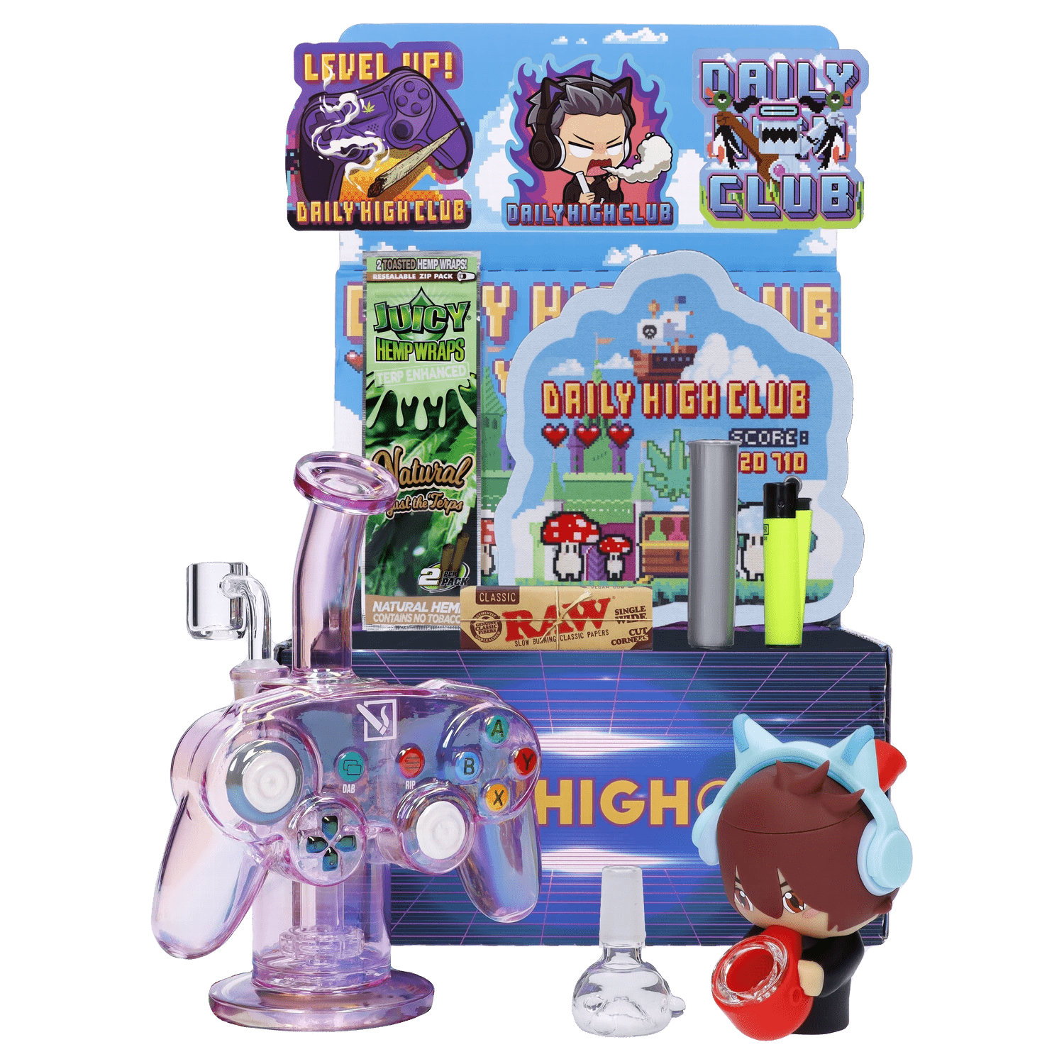 Front view of the “Level Up” Smoking Box with a pixelated design, surrounded by colorful branding elements and text.