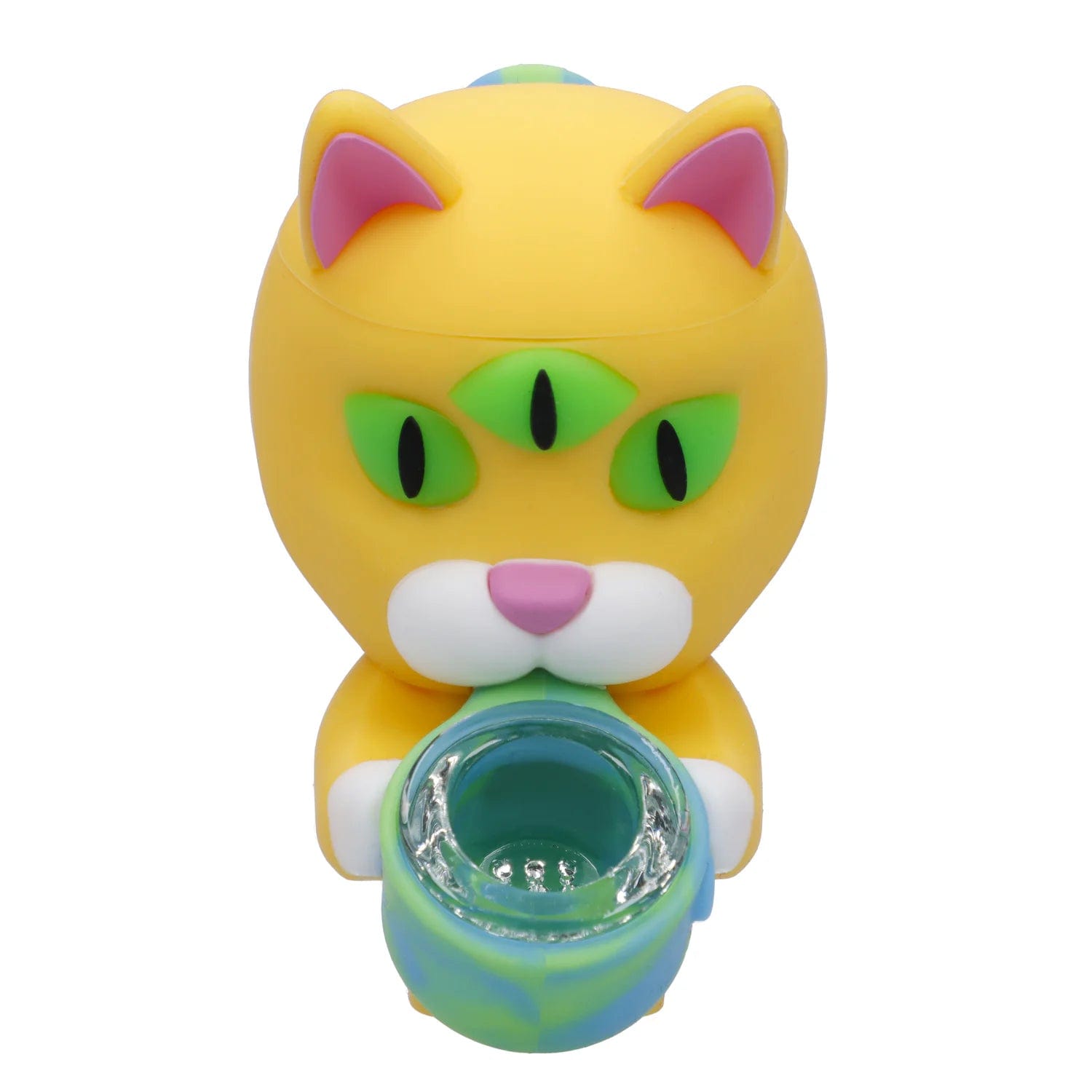 Front view of the “Psychedelics Multiverse” Smoking Box, a colorful, cartoon-style box resembling a cat’s face with bright green eyes.