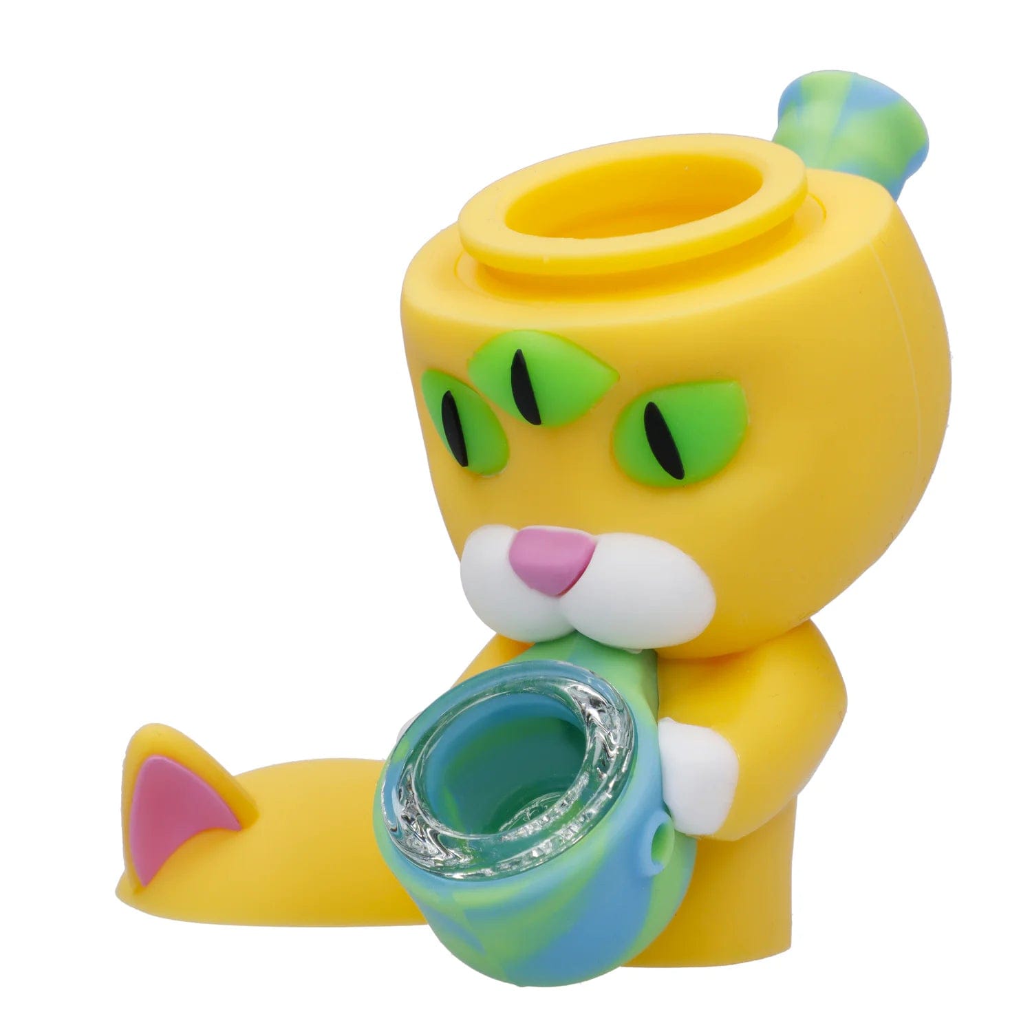 Front view of the “Psychedelics Multiverse” Smoking Box, a yellow ceramic piece with a whimsical design and sculpted details.